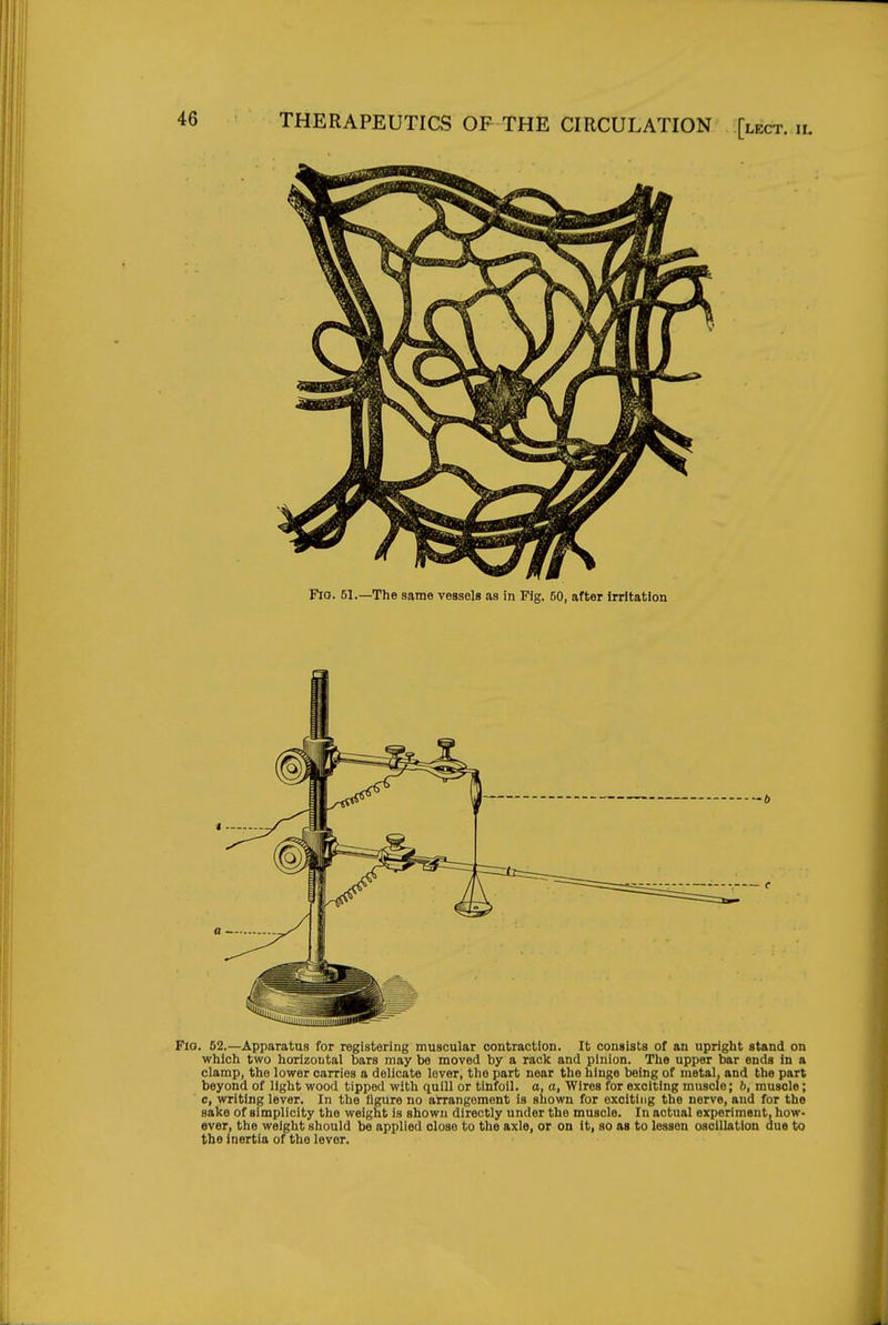 Fio. 51.—The same vessels as in Pig. 50, after irritation Fio. 52.—Apparatus for registering muscular contraction. It consists of an upright stand on which two horizontal bars may be moved by a rack and pinion. The upper bar ends in a clamp, the lower carries a delicate lever, the part near the hinge being of metal, and the part beyond of light wood tipped with quill or tinfoil, a, a, Wires for exciting muscle; b, muscle; c, writing lever. In the figure no arrangement is shown for exciting the nerve, and for the sake of simplicity the weight is shown directly under the muscle. In actual experiment, how- ever, the weight should be applied close to the axle, or on it, so as to lessen oscillation due to the inertia of the lever.