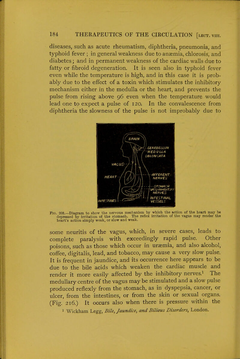 diseases, such as acute rheumatism, diphtheria, pneumonia, and typhoid fever ; in general weakness due to anaemia, chlorosis, and diabetes; and in permanent weakness of the cardiac walls due to fatty or fibroid degeneration. It is seen also in typhoid fever even while the temperature is high, and in this case it is prob- ably due to the effect of a toxin which stimulates the inhibitory mechanism either in the medulla or the heart, and prevents the pulse from rising above 96 even when the temperature would lead one to expect a pulse of 120. In the convalescence from diphtheria the slowness of the pulse is not improbably due to Fig. 203. Diagram to show the nervous mechanism by which the action of the heart may be depressed by irritation of the stomach. The reflex irritation of the vagus may render the heart's action simply weak, or slow and weak. some neuritis of the vagus, which, in severe cases, leads to complete paralysis with exceedingly rapid pulse. Other poisons, such as those which occur in uraemia, and also alcohol, coffee, digitalis, lead, and tobacco, may cause a very slow pulse. It is frequent in jaundice, and its occurrence here appears to be due to the bile acids which weaken the cardiac muscle and render it more easily affected by the inhibitory nerves.^ The medullary centre of the vagus may be stimulated and a slow pulse produced reflexly from the stomach, as in dyspepsia, cancer, or ulcer, from the intestines, or from the skin or sexual organs. (Fig. 216.) It occurs also when there is pressure within the 1 Wickham Legg, Bile^ Jaundice, and Bilious Disorders, London.