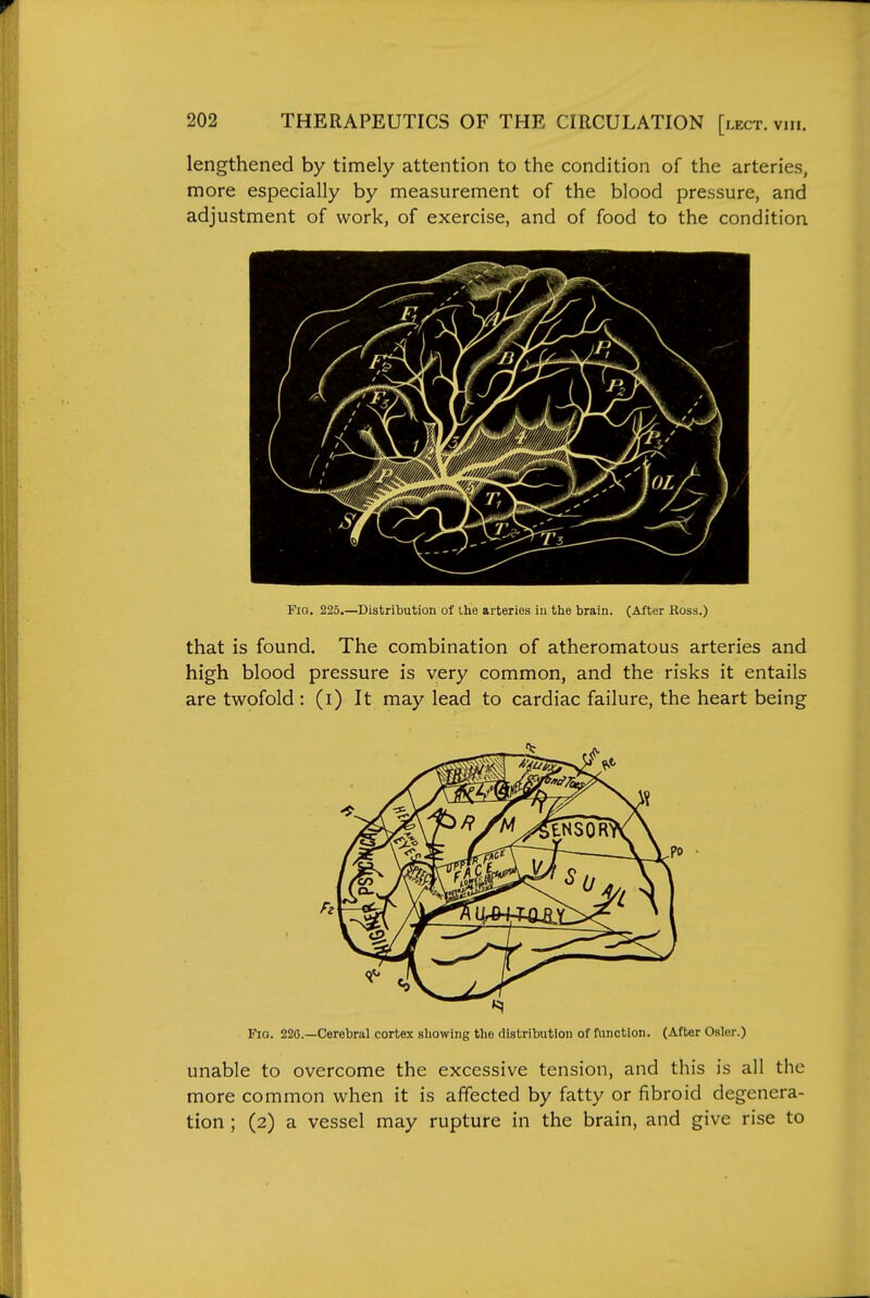 lengthened by timely attention to the condition of the arteries, more especially by measurement of the blood pressure, and adjustment of work, of exercise, and of food to the condition Fig. 225.—Distribution of the arteries iu the brain. (After Ross.) that is found. The combination of atheromatous arteries and high blood pressure is very common, and the risks it entails are twofold : (i) It may lead to cardiac failure, the heart being Fio. 226.—Cerebral cortex showing the distribution of function. (After Osier.) unable to overcome the excessive tension, and this is all the more common when it is affected by fatty or fibroid degenera- tion ; (2) a vessel may rupture in the brain, and give rise to