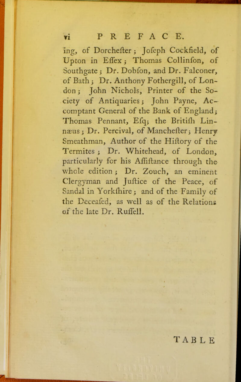 ing, of Dorchefter; Jofeph Cockfield, of Upton in Eifex ; Thomas Collinfon, of Southgate; Dr. Dobfon, and Dr. Falconer, of Bath; Dr. Anthony Fothergill, of Lon- don ; John Nichols, Printer of the So- ciety of Antiquaries; John Payne, Ac- comptant General of the Bank of England; Thomas Pennant, Efq; the Britifh Lin- na3us; Dr. Percival, of Manchefter; Henry Smeathman, Author of the Hiflory of the Termites ; Dr. Whitehead, of London, particularly for his Afliftance through the whole edition; Dr. Zouch, an eminent Clergyman and Juftice of the Peace, of Sandal in Yorkfhire; and of the Family of the Deceafed, as well as of the Relations of the late Dr. Ruffell. TABLE