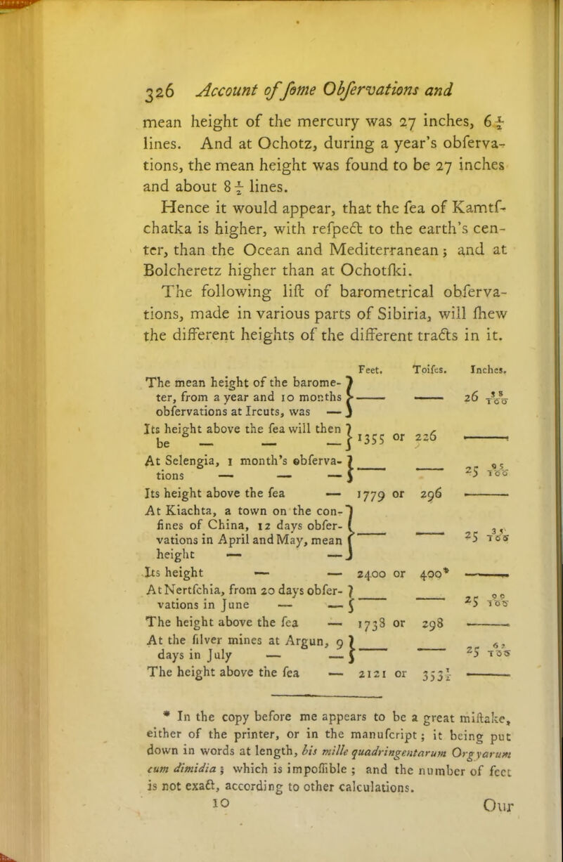 mean height of the mercury was 27 inches, 6 £ lines. And at Ochotz, during a year’s obferva^ tions, the mean height was found to be 27 inches and about 8 7 lines. Hence it would appear, that the fea of Kamtf- chatka is higher, with refpect to the earth’s cen- ter, than the Ocean and Mediterranean; and at Bolcheretz higher than at Ochotfki. The following lift of barometrical obferva- tions, made in various parts of Sibiria, will fhew the different heights of the different tradfts in it. Inches. 26 _* 8 20 TiSS' 9 5- 2 5 loo 2 P 3 5' 2 5 7 65 7.C 99 id? 2 P 6 ? z5 735 * In the copy before me appears to be a great miftake, either of the printer, or in the manufeript; it being put down in words at length, bis mille quadringentarum Orgy arum cum dimidia j which is impofiible ; and the number of feet is not exaft, according to other calculations. 10 Feet. ne- 1 ;ths > hen 7 r __ j 1355 or 226 I month’s ©bferva- | 296 Toifes. The mean height of the barome ter, from a year and io months obfervations at Ircuts, was Its height above the fea will then be — At Selengia, tions — — — 5 Its height above the fea — 1779 or At Kiachta, a town on the con- fines of China, 12 days obfer- vations in April and May, mean height — — Its height —- — 2400 or AtNertfchia, from 20 days obfer- f vations in June — — £ The height above the fea — 1738 or 298 At the filver mines at Argun, 9 days in July — — The height above the fea 400* 1 — 2121 or 353s Our