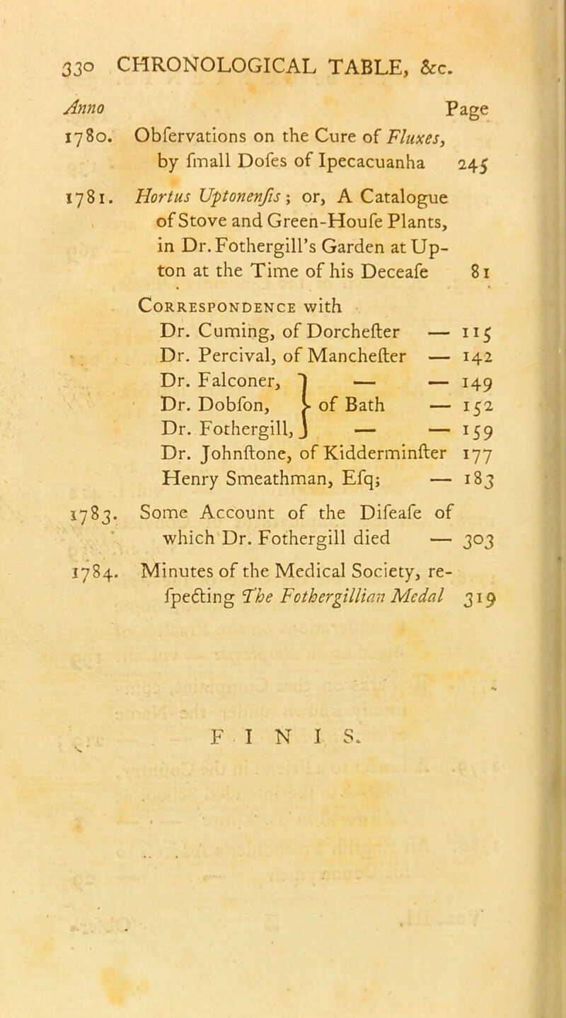 Anno 1780. 1781. 17 83. ‘ ■*> \ ' v • * 1784. Page Obfervations on the Cure of Fluxes, by fmall Dofes of Ipecacuanha 245 Hortus Uponenfis; or, A Catalogue of Stove and Green-Houfe Plants, in Dr.FothergilFs Garden at Up- ton at the Time of his Deceafe 81 Correspondence with Dr. Cuming, of Dorchefter — Dr. Percival, of Manchefter — Dr. Falconer, — — Dr. Dobfon, - of Bath — Dr. Fothergill, — — Dr. Johnftone, of Kidderminfter Henry Smeathman, Efq; — ”5 142 149 152 *59 ijj 183 Some Account of the Difeafe of which Dr. Fothergill died — 303 Minutes of the Medical Society, re- fpedting The Fothergillian Medal 319 FINIS.