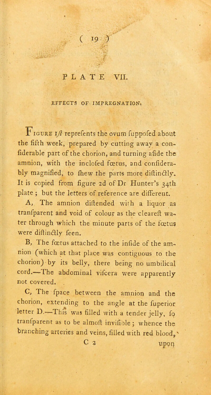 ( '9 ) ■ ■*sareS '■ :§ PLATE VII. EFFECTS OF IMPREGNATION, Figure ijl reprefents the ovum fuppofed about the fifth week, prepared by cutting awav a con- fiderable part of the chorion, and turning afide the amnion, with the inclofed foetus, and confidera- bly magnified, to fhew the parts more diftindlly. It is copied from figure 2d of Dr Hunter’s 34th plate ; but the letters of reference are different. A, The amnion diftended with a liquor as tranfparent and void of colour as the cleared: wa-» ter through which the minute parts of the foetus were diftin&ly feen. B, Ihe foetus attached to the infide of the am- nion (which at that place was contiguous to the chorion) by its belly, there being no umbilical cord.—-The abdominal vifcera were apparently not covered. C, The fpace between the amnion and the chorion, extending to the angle at the fuperior letter D.—This was filled with a tender jelly, fo tranfparent as to be almofl invifible; whence the branching arteries and veins, filled with red blood,' c 2 upon s