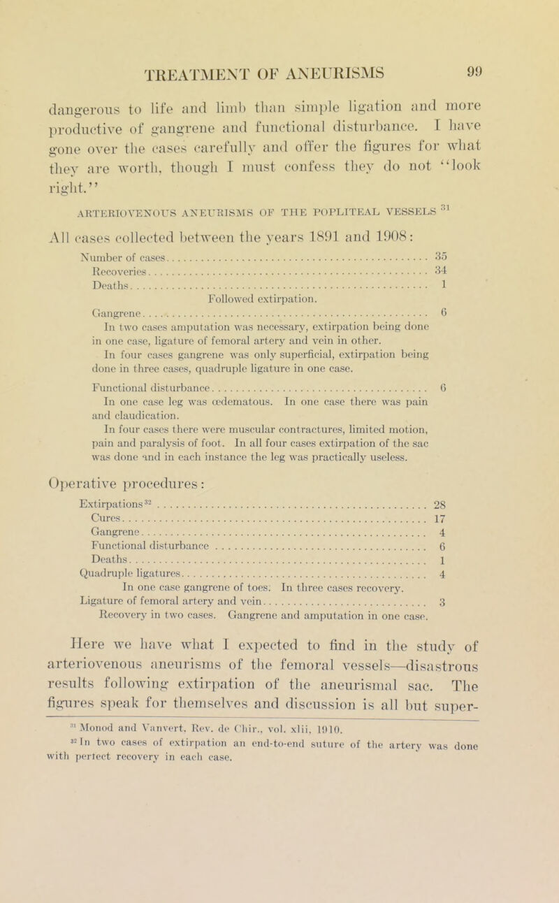 dangerous to life and limh than simple ligation and more productive of gangrene and functional disturbance. I have gone over the cases carefully and offer the figures for what they are worth, though I must confess they do not ''look right. ARTERIOVENOUS ANEURISMS OF THE POPLITEAL VESSELS All cases collected between the years 1891 and 1908: Number of cases 35 Recoveries 34 Deaths 1 Followed extirpation. Gangrene 6 In two cases amputation was necessary, extirpation being done in one case, ligature of femoral artery and vein in other. In four cases gangrene was only superficial, extirpation being done in three cases, quadruple ligature in one case. Functional disturbance 6 In one case leg was cedematous. In one case there was pain and claudication. In four cases there were muscular contractures, limited motion, pain and paralysis of foot. In all four cases extirpation of the sac was done and in each instance the leg was practically useless. Operative procedures: Extirpations^- 28 Cures 17 Gangrene 4 Functional disturbance 6 Deaths 1 Quadruple ligatures 4 In one case gangrene of toes; In three cases recovery. Ligature of femoral artery and vein 3 Recovery in two cases. Gangrene and amputation in one case. Here we have what I expected to find in the study of arteriovenous aneurisms of the femoral vessels—disastrous results following extirpation of the aneurismal sac. The figures speak for themselves and discussion is all but super-  Monod and Vanvcrt. Rev. de Cliir., vol. xlii. 11)10. 32 In two cases of extirpation an end-to-end suturf of tlie artery was done with pertect recovery in each ease.