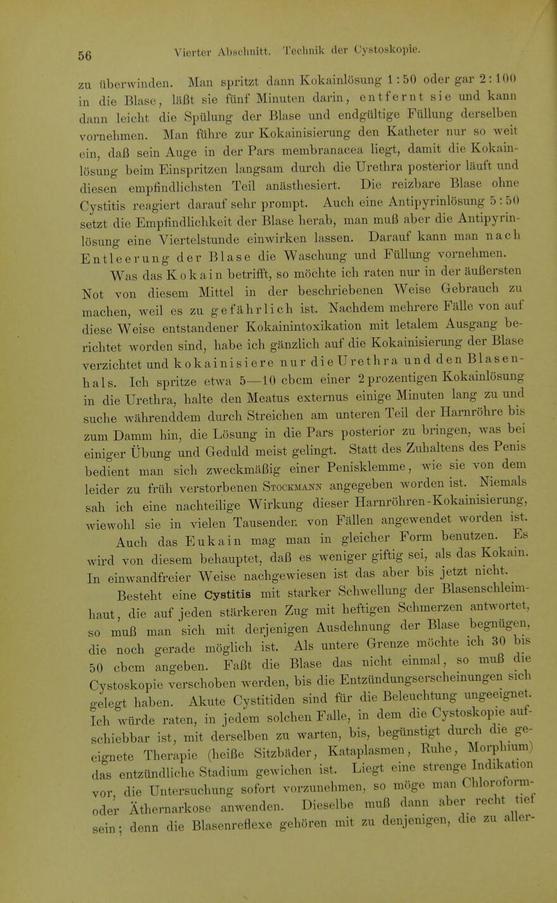 zu überwinden. Man spritzt dann Kokainlösung 1: 50 oder gar 2 :100 in die Blase, läßt sie fünf Minuten darin, entfernt sie und kann dann leicht die Spülung der Blase und endgültige Füllung derselben vornehmen. Man führe zur Kokainisierung den Katheter nur so weit ein, daß sein Auge in der Pars membranacea liegt, damit die Kokain- lösung beim Einspritzen langsam durch die Urethra posterior läuft und diesen empfindlichsten Teil anästhesiert. Die reizbare Blase ohne Cystitis reagiert darauf sehr prompt. Auch eine Antipyrinlösung 5:50 setzt die Empfindlichkeit der Blase herab, man muß aber die Antipyrin- lösung eine Viertelstunde einwirken lassen. Darauf kann man nach Entleerung der Blase die Waschung und Füllung vornehmen. Was das Kokain betrifft, so möchte ich raten nur in der äußersten Not von diesem Mittel in der beschriebenen Weise Gebrauch zu machen, weil es zu gefährlich ist. Nachdem mehi^ere Fälle von auf diese Weise entstandener Kokainintoxikation mit letalem Ausgang be- richtet worden sind, habe ich gänzlich auf die Kokainisienmg der Blase verzichtet und kokainisiere nur die Urethra und den Blasen- hals. Ich spritze etwa 5—10 cbcm einer 2 prozentigen Kokamlösung in die Urethra, halte den Meatus externus einige Minuten lang zu und suche währenddem durch Streichen am unteren Teü der Harnröhre bis zum Damm hin, die Lösung in die Pars posterior zu bringen, was bei einiger Übung und Geduld meist gelingt. Statt des Zuhaltens des Penis bedient man sich zweckmäßig einer Penisklemme, wie sie von dem leider zu früh verstorbenen STocKMAim angegeben worden ist. Niemals sah ich eine nachteilige Wirkung dieser Harnröhren-Kokainisierung, wiewohl sie in vielen Tausenden von Fällen angewendet worden ist. Auch das Enkain mag man in gleicher Form benutzen. Es wird von diesem behauptet, daß es weniger giftig sei, als das Kokain. In einwandfi^eier Weise nachgewiesen ist das aber bis jetzt nicht. Besteht eine Cystitis mit starker Schwellung der Blasenschleim- haut, die auf jeden stärkeren Zug mit heftigen Schmerzen antwortet, so muß man sich mit derjenigen Ausdehnung der Blase begnügen, die noch gerade möglich ist. Als untere Grenze möchte ich 30 bis 50 cbcm angeben. Faßt die Blase das nicht einmal, so muß die Cystoskopie verschoben werden, bis die Entzündungserscheinungen sich gelegt haben. Akute Cystitiden sind für die Beleuchtung ungeeignet. Ich würde raten, in jedem solchen Falle, in dem die Cystoskopie auf- schiebbar ist, mit derselben zu warten, bis, begünstigt durch die ge- eignete Therapie (heiße Sitzbäder, Kataplasmen, Ruhe, Morphium) das entzündliche Stadium gewichen ist. Liegt eine strenge Indikation vor die Untersuchung sofort vorzunehmen, so möge man Chloi;otorm- oder Äthernarkose anwenden. Dieselbe muß dann aber recht tief • denn die Blasenreflexe gehören mit zu denjenigen, die zu aller- sein