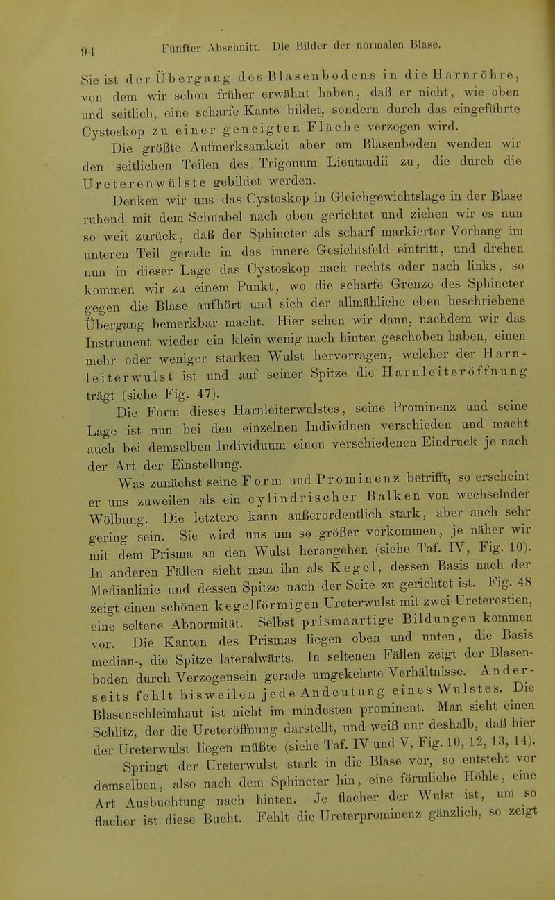 Sie ist der Übergang des B1 asenbodens in die Harnröhre, von dem wir schon früher erwähnt haben, daß er nicht, wie oben und seitlich, eine scharfe Kante bildet, sondern durch das eingeführte Cystoskop zu einer geneigten Fläche verzogen wird. Die größte Aufmerksamkeit aber am Blasenboden wenden wir den seitlichen Teilen des. Trigonum Lieutaudii zu, die durch die Ureterenwülste gebildet werden. Denken wir uns das Cystoskop in Gleichgewichtslage in der Blase ruhend mit dem Schnabel nach oben gerichtet und ziehen wir es nun so weit zurück, daß der Sphincter als scharf markierter Vorhang im unteren Teil gerade in das innere Gesichtsfeld eintritt, und drehen nun in dieser Lage das Cystoskop nach rechts oder nach Hnks, so kommen wir zu einem Punkt, wo die scharfe Grenze des Sphincter gegen die Blase aufhört und sich der allmähliche eben beschriebene Übergang bemerkbar macht. Hier sehen wir dann, nachdem wir das Instrument wieder ein klein wenig nach hinten geschoben haben, einen mehr oder weniger starken Wulst hervorragen, welcher der Harn- leiterwulst ist und auf seiner Spitze die Harnleiteröffnung trägt (siehe Fig. 47). Die Form dieses Harnleiterwulstes, seine Prominenz und seme Lage ist mm bei den einzelnen Individuen verschieden und macht auch bei demselben Individuum einen verschiedenen Eindruck je nach der Art der Einstellung. Was zunächst seine Form und Prominenz betrifft, so erschemt er uns zuweilen als ein cylindrischer Balken von wechselnder Wölbung. Die letztere kann außerordentlich stark, aber auch sehr gering sein. Sie wird uns um so größer vorkommen, je näher wir mit dem Prisma an den Wulst herangehen (siehe Taf. IV, Fig. 10). In anderen Fällen sieht man ihn als Kegel, dessen Basis nach der Medianlinie und dessen Spitze nach der Seite zu gerichtet ist. Fig. 48 zeigt einen schönen kegelförmigen Ureterwulst mit zwei Ureterostien, eine seltene Abnormität. Selbst prismaartige Bildungen kommen vor Die Kanten des Prismas liegen oben und unten, die Basis median-, die Spitze lateralwärts. In seltenen Fällen zeigt der Blasen- boden durch Verzogensein gerade umgekehrte Verhältnisse. Ander- seits fehlt bisweilen jede Andeutung eines Wulstes. Die Blasenschleimhaut ist nicht im mindesten prominent. Man sieht einen Schlitz, der die Ureteröffnung darsteUt, imd weiß nur deshalb, daß hier der Ureterwulst liegen müßte (siehe Taf. IV und V, Fig. 10, 12, 13, 14). Sprino-t der Ureterwulst stark in die Blase vor, so entsteht vor demselben, also nach dem Sphincter hin, eine förmliche Höhle, eme Art Ausbuchtung nach hinten. Je flacher der Wulst ist, um so flacher ist diese Bucht. Fehlt die Uretei-prominenz gänzlich, so zeigt