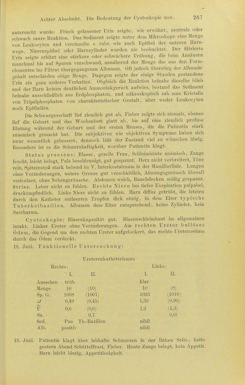 untersucht wurde. Frisch gelassener Urin zeigte, wie erwähnt, neutrale oder schwach saure Eeaktion. Das Sediment zeigte unter dem Mikroskope eine Menge von Leukocyten und vereinzelte c. rühr, wie auch Epithel der unteren llarn- wege. Kierenepithel oder llarnzylindcr wurden nie beobachtet. Der filtrierte Urin zeigte erhitzt eine stärkere oder schwäcliere Trübung, die beim Ansäuern manchmal bis auf Spuren verschwand, annähernd der Menge des aus den Form- elementen ins Filtrat übergegangenen Albumen. Oft jedoch überstieg der Albumin- gehalt entschieden obige Menge. Dagegen zeigte der einige Stunden gestandene Urin ein ganz anderes Verhalten. Obgleich die Keaktion beinahe dieselbe blieb nnd der Harn keinen deutlichen Ammoniakgeruch aufwies, bestand das Sediment beinahe ausschließlicli aus Erdphosphaten, und mikroskopisch sah man Kristalle von Tripelphosphaten von charakteristischer Gestalt, aber weder Leukocyten noch Epithelien. Die Schwangerschaft lief ziemlich gut ab, Fieber zeigte sich niemals, ebenso lief die Geburt und das Wochenbett glatt ab, bis auf eine ziemlich profuse Blutung während der Geburt und der ersten Menses, die die Patientin stark anaemisch gemacht hat. Die subjektiven wie objektiven Symptome haben sich zwar wesentlich gebessert, dennoch läßt der Zustand viel zu wünschen übrig. Besonders ist es die Schmerzhaftigkeit, worüber Patientin klagt. Status praesens: Blasse, gracile Frau, Schleimhäute anämisch, Zunge feucht, leicht belegt, Puls beschleunigt, gut gespannt. Herz nicht verbreitert. Töne rein, Spitzenstoß stark hebend im V. Interkostalraum in der Mamillarlinie. Lungen ohne Veränderungen, untere Grenze gut verschieblich, Atmungsgeräusch überall vesiculaer, ohne Nebengeräusche. Abdomen weich, Bauchdecken mäßig gespannt, Striae. Leber nicht zu fühlen. Rechte Niere bei tiefer Exspiration palpabel, druckempfindlich. Linke Niere nicht zu fühlen. Harn diffus getrübt, die letzten durch den Katheter entleerten Tropfen dick eitrig, in dem Eiter typische Tuberkelbazillen. Albumen dem Eiter entsprechend, keine Zylinder, kein Saccharum. Cystoskopie: Blasenkapazität gut. Blasenschleimhaut im allgemeinen intakt. Linker Ureter ohne Veränderungen. Am rechten Ureter bullöses Ödem, die Gegend um den rechten Ureter aufgelockert, das rechte Ureterostium durch das Ödem A-erdeckt. 18. Juni. Funktionelle Untersuchung: Ureterenkatheterismus Rechts: Links: 1. n. L n. Aussehen trüb klar Menge 10 (10) 10 (8) Sp. G. 1008 (1007) 1023 (1018) /l 0,49 (0,45) 1,.32 (0,9li) -h U 0,G (0,0) 1,2 (1,3) Sa. 0,7 2,(it Sed. Pus Tb.-Bazillen nihil Alb. positiv nihil 19. Juni. Patientin klagt über lebhafte Schmerzen in der linken Seite, hatte gestern Abend Schüttelfrost, Fieber. Heute Zunge belegt, kein Appetit. Harn leicht blutig, Appetitlosigkeit.