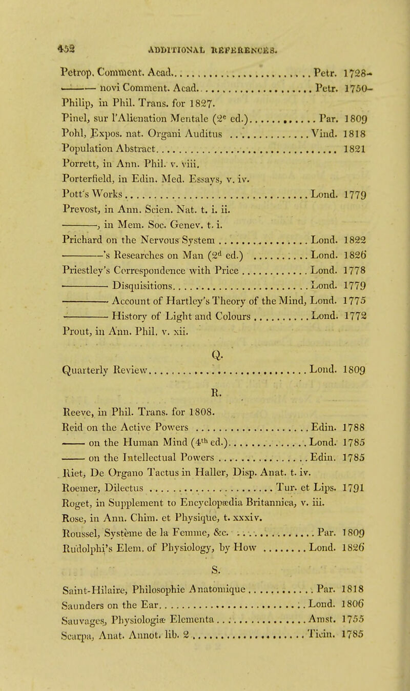 Petrop. Comnicnt. Acad Petr. 1728- novi Comment. Acad Petr. 1750- Philip, in Phil. Trans, for 1827. Pinel, sur I'Alienation Mentale (2« ed.) Par. 1809 Pohl, Expos, nat. Organi yVuditus Vind. 1818 Population Abstract 1821 Porrett, in Ann. Phil. v. viii. Portertield, in Edin. Med. Essays, v. iv. Pott's Works Lond. 1779 Prevost, in Ann. Scien. Nat. t. i. ii. , in Mem. Soc. Genev. t. i. Priehard on the Nervous System Lond. 1822 's Researches on Man (2^ ed.) Lond. 1826 Priestley's Correspondence with Price Lond. 1778 • Disquisitions Lond. 1779 Account of Hartley's Theory of the Mind, Lond. 1775 History of Light and Colours Lond. 1772 Prout, in Ann. Phil. v. xii. Q. Quarterly Review Lond. I8O9 R. Reeve, in Phil. Trans, for 1808. Reid on the Active Powers Edin. 1788 on the Human Mind (^^^ed.) Lond. 1785 on the Intellectual Powers Edin. 1785 lUet, De Organo Tactus in Haller, Disp. Anat. t. iv. Roemer, Dilectus Tur. et Lips. 1791 Roget, in Supplement to Encycloptedia Britannica, v. iii. Rose, in Ann. Chim. et Physique, t. xxxiv. Roussel, Systeme de la Femme, &c. Par. 18O9 Ru'dolphi's Elem. of Physiology, by How Lond. 1826' S. Saint-Hilaire, Philosophic Anatomiquc Par. 1818 Saunders on the Ear Lond. I8O6 Sauvagcsj Physiologisc Elcmenta Amst. 1755 Scarpa, Anat. Aunot. lib. 2 Ticiii. 1785