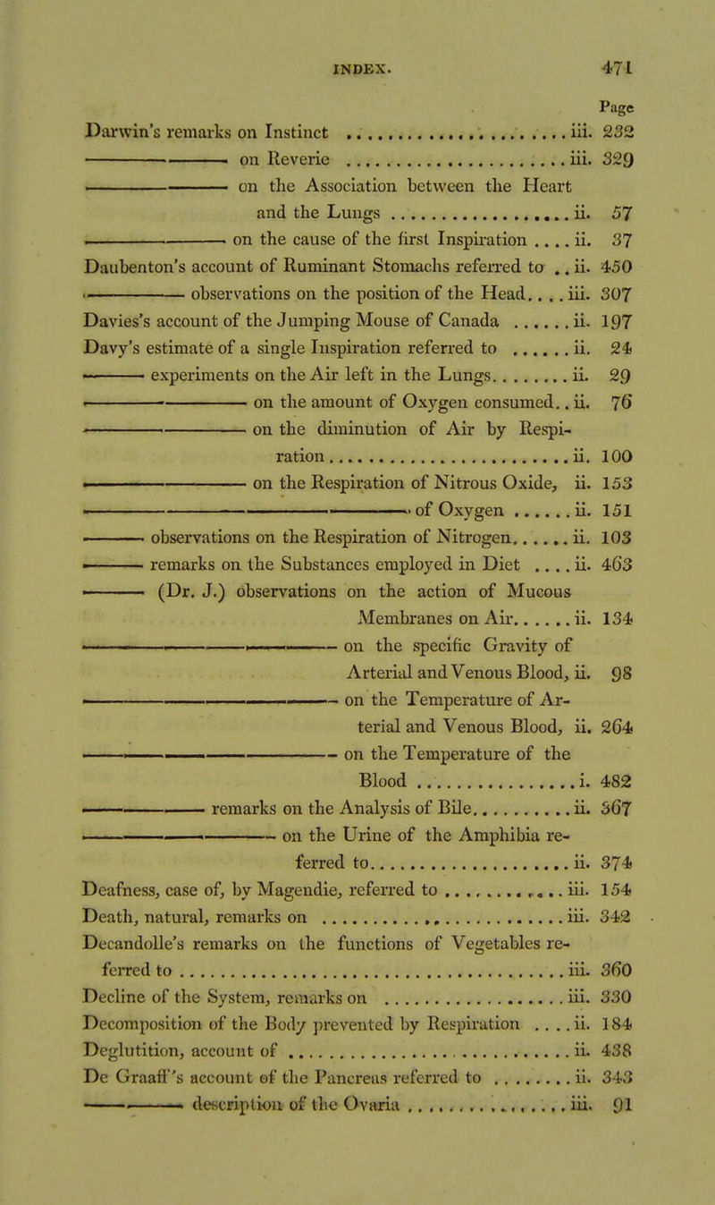 Page Darwin's remarks on Instinct iii. 232 ■ on Reverie iii. 329 ■ ■ on the Association between the Heart and the Lungs ii. 57 i . . on the cause of the first Inspii-ation ..., ii. 37 Daiibenton's account of Ruminant Stomachs refen-ed ta .. ii. 450 . observations on the position of the Head.... iii. 307 Davies's account of the Jumping Mouse of Canada ii. 197 Davy's estimate of a single Inspiration referred to ii. 24 ■■■ experiments on the Air left in the Lungs ii. 29 • on the amount of Oxygen consumed.. ii. 76 - on the diminution of Air by Respi- ration ii. 100 • on the Respiration of Nitrous Oxide, ii. 153 ■■ •— ' of Oxygen ii, 151 ■ observations on the Respiration of Nitrogen ii. 103 - remarks on the Substances employed in Diet .... ii. 463 ■ ' ■ (Dr. J.) observations on the action of Mucous Membranes on Air ii. 134 1 . I on the specific Gravity of Arterial and Venous Blood, ii. 98 ■ !■■ on the Temperature of Ar- terial and Venous Blood, ii. 264 I on the Temperature of the Blood i. 482 I remarks on the Analysis of BUe ii. 367 . on the Urine of the Amphibia re- ferred to ii. 374 Deafness, case of, by Magendie, referred to ,.. iii. 154 Death, natural, remarks on iii. 342 Decandolle's remarks on the functions of Vegetables re- ferred to iii. 360 Decline of the System, remarks on iii. 330 Decomposition of the Body prevented by Respiration . . .. ii. 184 Deglutition, account of ii. 438 De Graaff 's account of the Pancreas referred to ii. 343 < description of the Ovaria iii. 91