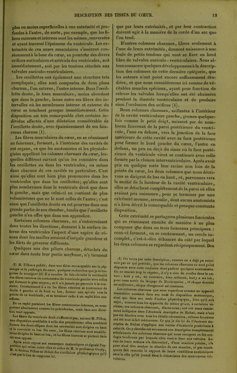 {j1u9 ou moins superficielles à une extrémité et pro- fondes à l'autre, de sorte, par exemple, que les fi- bres externes et internes sont les mêmes, renversées et ayant traversé l'épaisseur du ventricule, les ex- trémités de ces anses musculaires s'insèrent con- stamment ù la base du cœur, au pourtotu des divers orifices auriculaires et artériels des ventricules, soit immédiatement, soit par les tendons attachés aux valvules amiculo-ventrlculaires. Les oreillettes ont également une structure très compliquée; elles sont composées de deux plans charnus, l'un externe, l'autre interne. Dans l'oreil- lette droite, le tissu musculaire, moins abondant que dans la gauche, laisse entre ses fibres des in- tervalles où les membranes interne et externe du cœur se touchent presque immédiatement. Cette disposition est très remarquable chez certains in- dividus afiectés d'une dilatation considérable de l'oreillette droite, avec épaississement de ses fais- ceaux charnus (1). les fibres musculaires du cœur, en se réunissant en faisceaux, forment, à l'intérieur des cavités de cet organe, ce que les anatomistes et les physiolo- gistes appellent les colonnes charnues du cœur, les- quelles diffèrent suivant qu'on les considère dans les oreillettes ou dans les ventricules, ou même dans chacune de ces cavités en particulier. C'est ainsi qu'elles sont bien plus prononcées dans les ventricules que dans les oreillettes; qu'elles sont plus nombreuses dans le ventricule droit que dans le gauche, mais que celui-ci en contient de plus volumineuses que ne le sont celles de l'autre ; c'est ainsi que l'oreillette droite en est pourvue dans une grande partie de son étendue, tandis que l'oreillette gauche n'en offre que dans son appendice. Certaines colonnes charnues, en s'entrecroisant dans toutes les directions, donnent à la surface in- terne des ventricules l'aspect d'une espèce de ré- seau dont les mailles seraient d'inégale grandeur et les filets de grosseur différente. Quelques uns des piliers charnus, détachés du cœur dans toute leur partie moy\;nne, n'y tiennent (1; M. Filho» a public, dans une thèse remarquable mr In phj- liologli et la pathologie du cœur, quelques rccbci clie» que je m'em- prcsie de con.igncr ici. Il a nombre de fois clicrcbé la continuité de. nbret externe» ou contournées du Tcntricule gauche avec celle» qui forment le plan moyen , et il n'a jamais pu parvenir à la con- •tater. Constamment il a tu le. libres citerne» se contourner do droite a gauche et de haut en ba., former une .piralo Ter. la pointe de ce Tcntricule, et »e terniiuer enfin à un raphé bien ma- De ce raphc parUienl K» fibre» contournées interne», se com. portant absolument comme le» précédente», mai» dan» une direc- lion tout opposée. Le. fibre, du Tcntricule droit n'affectent p.., suivant M. Filho», »... d,.po.„io„ .emblable 4 celle de» précédentes: elle» semblent lormer des demi-cllip.e. dont le, extrémités sont dirigées en haut -nsin':?;;;;: - î^î^r;:r^-rte,=^ que par leurs extrémités, et par leur contraction doivent agir ù la manière de lu corde d'un arc que l'on tend. D'autres colonnes charnues, libres seulement à l'une de leurs extrémités , donnent naissance à une foule de petits tendons qui vont se fixer au bord libre de valvules auriculo-ventriculaires. Nous al- lons consacrer quelques développeniens à la descrip- tion des colonnes de cette dernière catégorie, que les auteurs n'ont point encore suflisaniment étu- diées , et que nous considérerons ici comme de vé- ritables muscles spéciaux, ayant pour fonction de relever les valvules lorsqu'elles ont été abaissées pendant la diastole ventriculaire et de produire I ainsi l'occlusion des orifices (1). Deux colonnes charnues, saillantes à l'intérieur de la cavité ventriculaire gauche, grosses quelque- fois comme le petit doigt, naissent par de nom- breux faisceaux de la paroi postérieure du ventri- cule, r une en dehors, vers la jonction de la face aatérieure de cette cavité avec sa face postérieure pour former le bord gauche du cœur, l'autre en dedans, un peu en deçà du sinus où la face posté- rieure du ventricule vient se continuer avec celle formée parla cloison interventriculaire. Après avoir pris en quelque sorte leur racine non loin de la pointe du cœur, les deux colonnes que nous décri- vons se dirigent de bas en haut, et, parvenues vers la moitié de la hauteur de la cavité ventriculaire, elles se détachent complètement de la paroi où elles avaient pris naissance, pour se terminer par une extrémité mousse, arrondie, dont aucun anatomiste n'a bien décrit la remarquable et presque constante disposition. Cette extrémité se partagcen plusieurs fascicules qui se réunissent ensuite de manière à ne plus composer qlie deux ou trois faisceaux principaux : ceux-ci forment, en se contournant, un cercle in- complet , c'est-à-dire échancré du côté par lequel les deux colonnes se regardent réciproquement. Des (1) On Terra par celte description, comme on a déjà pu entre- voir par ce qui précède, que le» colonnes charnues ne sont point disposée» btcc cette confuêion dont parlent quelques analomi.tej. On ne .aurait trop le répéter, il n'y a riou de confus dau. la na- ture ; tout y est, au contraire, bien ordonné, foui j- a le, loU . pour nous servir du langage de Slonteaquieu , chaque dicniti fit uniformité, chaque changement e,t conitance. Les colonnes charnue» que nous regardon» comme un appareil musculaire constant dan. son mode de disposition aiiatoinique, ainsi que dan. ,on mode d'action phy.iologique, bien qu'il «)il «ujet, comme tous les appareils du n.én.e gc-.re, à certaine» Ta- nete»; ce» colonne» charnues, di»ons.nou. , ont été a.»ei exacte- ment indiquée, dans VAnatomi, de.cripUv, de Bichat. nui» n'ont pa. été décrites aTcc tous le» détails ii«ce»saire», et leurs fonction» ont été tout-à-fait méconnues. Ce que je di» ici de VAnatomi. d„. cnptivt de Bichat «'applique aux traité» d'anatomie postérieur» à celui-là. On y chercherait lainemeiit une description complètement «atisfaisante de, colonne, charnue, qui nous occupent et de. cor- dage, tendineux par le.quel. elle» vont «c fixer aux TalTule». Au- cuudeleur» auteur, n'a déterminé, d'une manière précise, n'a pour ainsi dire anal}ti la ntuatiou do ce» mu.cles, ni par cons*. quent fait reuorlir le rapport do leur» condition» anatomique» avec le rfilo qu'ili jouent dam lo niécaiiiime de, mouvcnien» val- Tulairc