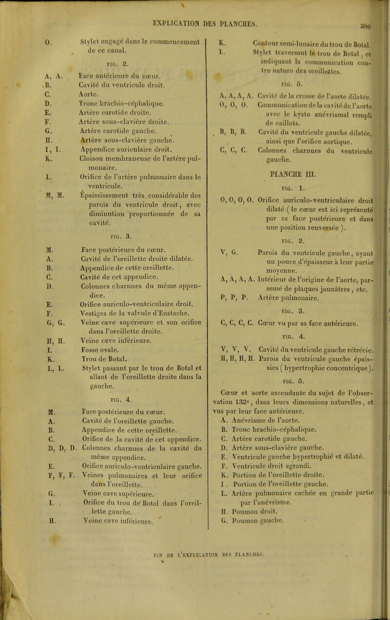'm 0. A, A. B. C. D. £. F. G. H. I, I. K. M, M. M. A. B. C. D. E. F. G, G. H, U. I. R. L, L. M. A. B. C. D, D, E. F, F, G. I. , II. Stylet eni^agé dans le conimencement do ce cauul. ne. 3. Face antérieure du cœur. Cavité du ventricule droit. Aorte. Tronc bracliio-céphaliquc. Artère carotide droite. Artère sous-clavière droite. Artère carotide gauche. Artère sous-clavière gauche. Appendice auriculaire droit. Cloison membraneuse de l'artère pul- monaire. Orifice de Tartère pulmonaire dans le ventricule. Epaississement très considérable des parois du ventricule droit, avec diminution proportionnée de sa cavité. FIG. 3. Face postérieure du cœur. Cavit« de l'oreillette droite dilatée. Appendice de cette oreillette. Cavité de cet appendice. Colonnes charnues du même appen- dice. Orifice auriculo-ventriculaire droit. Vestiges de la valvule d'Eustache. Veine cave supérieure et son orifice dans l'oreillette droite. Veine cave inférieure. Fosse ovale. Trou de Botal. Stylet passant par le trou de Botal et allant de l'oreillette droite dans la gauche. riG. 4. Face postérieure du cœur. Cavité de l'oreillette gauche. Appendice de cette oreillette. Orifice de la cavité de cet appendice. D. Colonnes charnues de la cavité du même appendice. Orifice auriculo-ventriculaire gauche. F. Veines pulmonaires et leur orifice dans l'oreillette. Veine cave supérieure. Orifice du trou de Botal dans l'oreil- lette gauche. Veine cave inférieure. K. Contour semi-lunaire du trou de Botal. L. Stylet traversant le trou de Botal, et indiquant la communication con- tre nature des oreillettes. FIG. 6. A, A, A, A. Cavité de la crosse de l'aorte dilatée. 0, 0, 0. Communication de la cavité de l'aorte avec le kyste anévrismal rempli de caillots. B, B, B. Cavité du ventricule gauche dilatée, ainsi que l'orifice aortique. C, C, C. Colonnes charnues du ventricule gauche. PLANCHE III. FIG. 1. 0, 0, 0, 0. Orifice auriculo-ventriculaire droit dilaté ( le cœur est ici représenté par sa face postérieure et dans une position renversée ). FIG. V, G Parois du ventricule gauche, ayant un pouce d'épaisseur à leur partie moyenne. A, A, A, A. Intérieur de l'origine de l'aorte, par- semé de plaques jaunâtres, etc. P, P, P. Artère pulmonaire. FIG. 3. c, C, C, C. Cœur vu par sa face antérieure. FIG. 4. V, V, V, Cavité du ventricule gauche rétrécie. H, H, H, H. Parois du ventricule gauche épais- sies ( hypertrophie concentrique). riG. 6. Cœur et aorte ascendante du sujet de l'obser- vation 132e, dans leurs dimensions naturelles, et vus par leur face antérieure. A. Anévrisme de l'aorte. B. Tronc brachio-céphalique. C. Artère carotide gauche. D. Artère sous-clavière gauche. E. Ventricule gauche hypertrophié et dilate. F. Ventricule droit agrandi. K. Portion de l'oreillette droite. I. Portion de l'oreillette gauche. L. Artère pulmonaire cachée en grande partie par l'anévrisme. H. Poumon droit. G. Poumon gauche. FIN DE i'eXPHCATION BK8 ri.AKCHES.