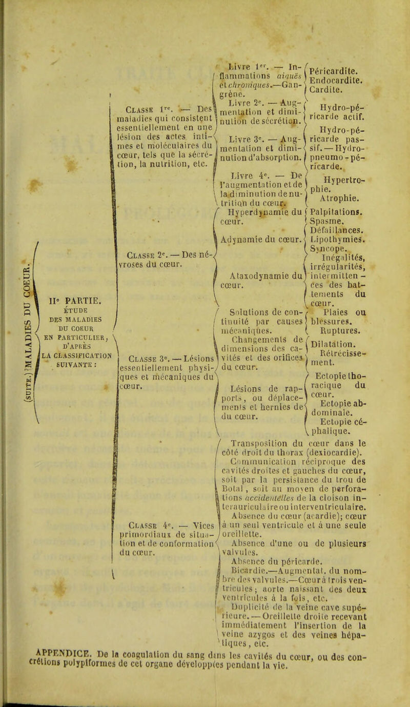 Livre 1. — In- ( Péricardite. I;'?'',Endocardilê. CtASSK 1''. — Des maladies qui consistent essenliellemeiil en une lésion des actes inli mes et moléculaires du cœur, tels que la sécré- tion, la nutrition, etc. elcfiroiiiques.—Gan grène. Livre 2^ — Aug- mentation et dimi- j nuliôn desocréti(^. i Cardile. Hypertro- phie. Atrophie. te o o Q CD 5 II» PARTIE. ÉTUDE DES MALADIES DU COKUR en pabticulier, d'aphès |la classification suivante : Classe 2^ —Des né-^- vroses du cœur. - I Classe 3°. — Lésions esserilielletiient physi- ques et mécaniques du' cœur. Hydro-pé- ) ricariJe actif. / Hydro-pé- Livre 3'=. — Aug- \ ricarde pas- menlalion et dimi-^sif. — Hydro- nutiond'absorption.I pneumo-pé- \ ricarde. Livre 4«. — De l'augmenlîition clde lakdiminulion de nu- \ trilian du cœur» Hyperdj^namie du f Palpitations, cœur. f Spasme. j Défiiillances. Adynamiedu cœur.j Lipothymies. ( Sjncope. Inégilités, irrégularités, intet mitten - ces des bat- ternents du cœur. Plaies ou causes! blessures. Ruptures. . Dilatation. vités et des ofi*^es ^ j^j^^^j^'''^'^'^*^ Ectopielho Lésions de rap- ports , ou déplace- ments et hernies de du cœur. Ataxodynamie du cœur. / Solutions de con- / linuité par iiiéci! niqiies. Changements dimensions des vités et ( du cœur. du racique cœur. Ectopie ab- dominale. Ectopie cé- phalique. Transposition du cœur dans le côté droit du Ihurax (dexiocardie). C'immunicalion réciproque des cavités droites et gauches du cœur, soit par la persistance du trou de Botal , soit au moNcn de p«rfora- lions accideniellcs de la cloison in- 1 terauriculaireou interventriculaire. Absence du cœur (a< ardie); cœur Vices ]à un seul ventricule et à une seule ' oreillette. Absence d'une ou do plusieurs i valvules. Absence du péricarde. 1 I Bicardic.—Augmentai, du nom- ^ «bre des valvules.—Cœur à Imls ven- tricules; aorte naissant des deux venhicules à la fois, etc. Du|)licilé (le la veine cave supé- 1 rieure. — Oreillette droiie recevant immédiatement l'insertion de la ' veine azygos et des veines hépa- tiques, etc. APPENDICE. Do la coagulation du sang dais les cavités du cœur, ou des con- crétion» polypiformcs de cet organe dcvcloppccs pendant la vie. Classe 4^ primordiaux de situ.i- liim et <le conformation^ du cœur.