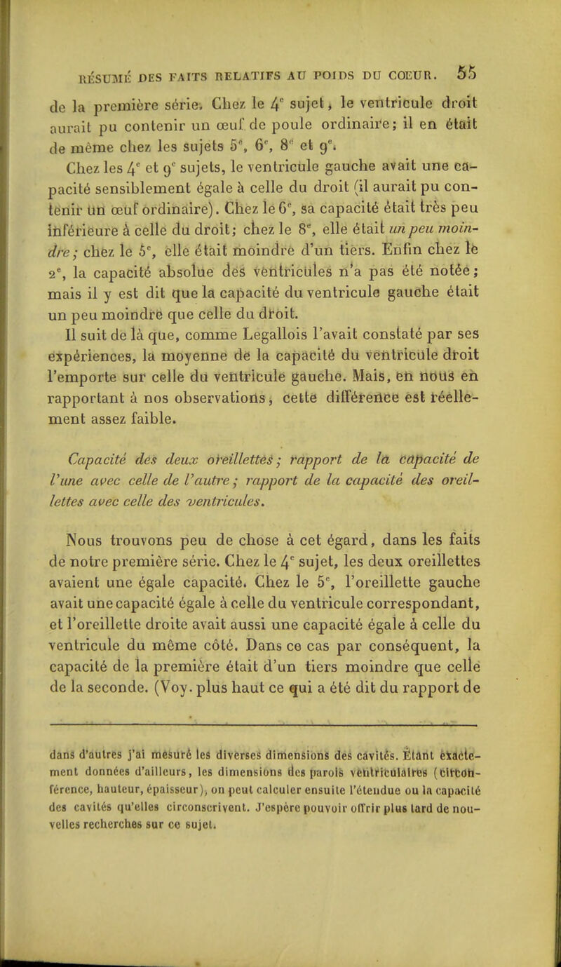 de la première série. Chez le 4 sujet, le ventricule droit aurait pu contenir un œuf de poule ordinaire; il en était de même chez les sujets 5% 6% 8 et g'* Chez les 4' et 9' sujets, le ventricule gauche avait une ca- pacité sensiblement égale à celle du droit (il aurait pu con- tenir UH œuf ordinaire). Chez le 6% sa capacité était très peu inférieure à celle du droit; chez le 8% elle était un peu moin- dre; chez le 5% elle était moindre d'un tiers. Enfin chez lè 2% la capacité absolue des ventricules n*a pas été notée; mais il y est dit que la capacité du ventricule gauche était un peu moindre que celle du df oit. Il suit de là que, comme Legallois l'avait constaté par ses expériences, la moyenne de la capacité du ventricule dtoit l'emporte sur celle du ventricule gauche. Mais, en nous en rapportant à nos observations, cette ditrérence est réelle- ment assez faible. Capacité dés deux oeillettes ; rapport de la, capacité de Vune avec celle de Vautre; rapport de la capacité des oreil lettes avec celle des 'ventricules. Nous trouvons peu de chose à cet égard, dans les faits de notre première série. Chez le 4 sujet, les deux oreillettes avaient une égale capacité. Chez le 5% l'oreillette gauche avait une capacité égale à celle du ventricule correspondant, et l'oreillette droite avait aussi une capacité égale à celle du ventricule du même côté. Dans ce cas par conséquent, la capacité de la première était d'un tiers moindre que celle de la seconde. (Voy. plus haut ce qui a été dit du rapport de dans d'autres j'ai mêsUré leâ diverses dimensions des câvilés. Étant èlfléle- ment données d'ailleurs, les dimensions des parolfe vèkilriCQlâlres (tlttotl- fércnce, hauteur, épalsseur)> on peut calculer ensuite l'étendue ou In capacité des cavités qu'elles circonscrivent. J'espère pouvoir oITrir plus tard de nou- velles recixcrclies sur ce sujet.