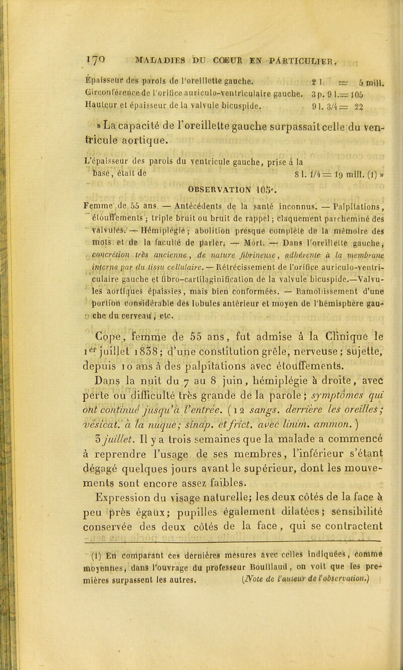 Épaisseur des parois rie l'oreillette gauche. 2 1 e= 5 mil!. Circonférence de l’orifice auriculo-ventriculairc gauche. 3 p. 9 |.— 105 Hauleur et épaisseur de la valvule bicuspide. 91.3/4= 22 » La capacité de l'oreillette gauche surpassait celle du ven- tricule aortique. L’épaisseur des parois du ventricule gauche, prise à la base,’était de 8 1. 1/4= I9 mtll. (1) » OBSERVATION 105e- Femme de 55 ans. — Antécédents de la santé inconnus. —Palpitations, étouffements ; triple bruit ou bruit de rappel ; claquement parcheminé des valvules. — Hémiplégié; abolition presque complète de la mémoire des mots et de la faculté de parler. — Mort. — Dans l'oreillette gauche, concrétion très ancienne, de nature fibrineuse, adhérente à la membrane interne par du tissu cellulaire. — Rétrécissement de l’orifice auriculo-ventri- i ' > culaire gauche et fibro-carlilaginification de la valvule bicuspide.—Valvu- les aortiques épaissies, mais bien conformées. — Ramollissement d’une portion considérable des lobules antérieur et moyen de l’hémisphère gau- che du cerveau, etc. Cope, femme de 55 ans, fut admise â la Clinique le iér juillet 1838 ; d’une constitution grêle, nerveuse ; sujette, depuis 10 ans à des palpitations avec étouffements. Dans la nuit du 7 au 8 juin, hémiplégie à droite, avec perte ou difficulté très grande de la parole; symptômes qui ont continué jusqu ci Ventrée. (12 sangs, derrière les oreilles ; vésical, 'a la nuque; sinap. etfrict. avec linim. ammon. ) 5 juillet. Il y a trois semaines que la malade a commencé à reprendre l’usage de ses membres, l’inférieur s’étant dégagé quelques jours avant le supérieur, dont les mouve- ments sont encore assez faibles. Expression du visage naturelle; les deux côtés de la face à peu près égaux; pupilles également dilatées; sensibilité conservée des deux côtés de la face , qui se contractent (i) En comparant ces dernières mesures avec celles indiquées, comme moyennes, dans l’ouvrage du professeur Bouillaud, on voit que les pre- mières surpassent les autres. (Note de l’auteur de l’observation.)