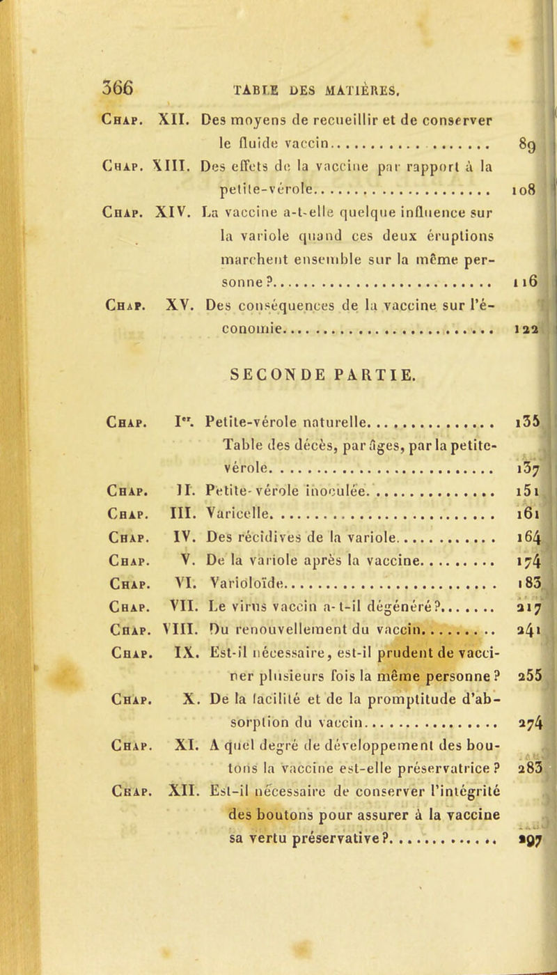 Chap. XII. Des moyens de recueillir et de conserver le fluide vaccin 89 Chap. XIII, Des effets de la vaccine par rapport à la petile-vérole 108 Chap. XIV. La vaccine a-t-elle quelque influence sur la variole quand ces deux éruptions marchent ensemble sur la même per- sonne? 116 Chap. XV. Des conséquences de la vaccine sur l'é- conomie 122 SECONDE PARTIE. Chap. Ier. Petile-vérole naturelle 135 Table des décès, par âges, par la petite- vérole 137 Chap. JI. Petite-vérole inoculée 151 Chap. III. Varicelle 161 Chap. IV. Des récidives de la variole 164, Chap. V. De la variole après la vaccine 174 Chap. VI. Varioloïde 183 Chap. VII. Le virus vaccin a- t-il dégénéré? 217 CnAP. VIII. Du renouvellement du vaccin 24> Chap. IX. Est-il nécessaire, est-il prudent de vacci- ner plusieurs fois la même personne? 255 Chap. X. De la lacililé et de la promptitude d'ab- sorption du vaccin 274 Chap. XI. A quel degré de développement des bou- tons la vaccine est-elle préservatrice? 283 Cbap. XII. Est-il nécessaire de conserver l'intégrité des boutons pour assurer à la vaccine sa vertu préservative? *Qy