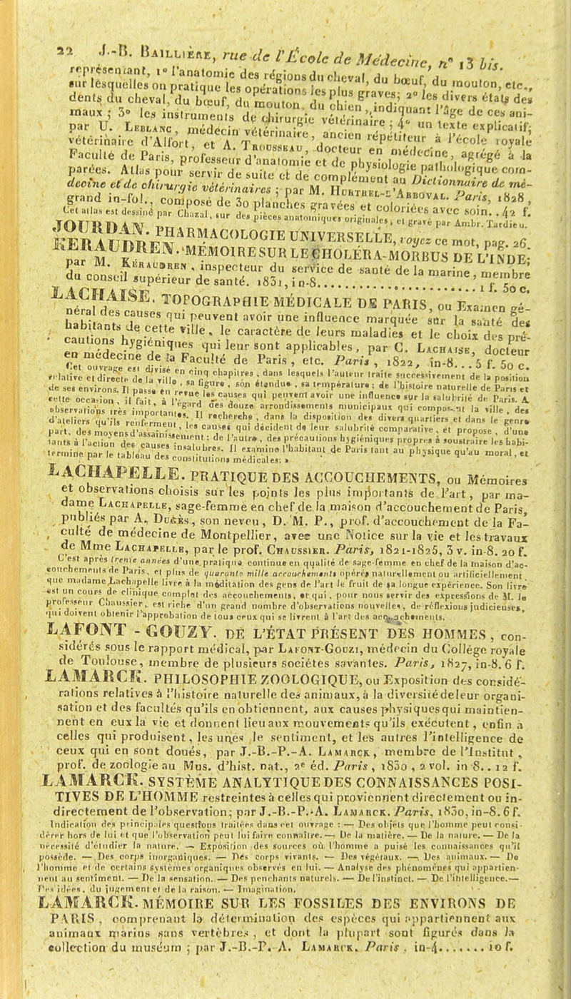 rep,'«c,mnt, .0 l'analomie des régions du cheval H„ l p , •ur lesquelles ou pratique les opérai on ièIn « ' œuf. d lnou,on> etc dents du cheval/du iuf 1 m ul 1  3°ies divm ^ ^ maux • S» le. iniUZtu£S^^ l*f** Mge de ces ani- L^îdfïSE' TOr°GRAPtIlE MÉDICALE DK PARIS, ou Examen Sè- LTL ?CiaUSCS qU peuvent ;,v0ir une in»encc marquée ur la sa ,é d« habitants Je cette ville, le caractère de leurs maladie, et le çboix des me cauhous hvgténtques qui leur sont applicables, par G. Êj£ eo médecine de !a Faculté de Paris, etc. Parf,, 1S22, in-8 5f 5„  de ses environs. Il pa ,. è „ fi.6 Uri • 60,1 *,fJU* • ^P*«iW.t <e tyi.loirt naturelle de ES» et ente- ôec.Vion, il fa v m'.™™ «»« ««uenct,),rla salubrité d,- Pari,. A -bservations irès importai ,1' r. T ar.ro',i™™'t,,t. f.nnL?'P«« «I* Ç°<?pd«*?t la ,ille . de. d'ateliers qu'il* renlVrrne, ,' . ,c,,er,h? î •».<J.»po.,».o,. d*. d,».™ quartier, et dans le genr. p.rt, d»,!, 'î'!,1™ Wcdentd, leur salubn, comparative, et propose, d'un, tant» à l'action des cause, :„ ,. * 1f?aU*L ?ff^î^ PJ*P«* » 'ous.raire le, babi- LACHAPELLE. PRATIQUE DES ACCOUCHEMENTS, ou Mémoires et observations choisis sur les pojnls les pins importants de l'art, par ma- dame Lackapelle, sage-femmè en chef de la maison d'accouchement de Paris publiés par A, Desès, son neveu , D. M. P., prof, d'accouchement de la Fa- ' a * médecine de Montpellier, avec une Notice sur la vie et les travaux de MmeLAÇHAfELLE, parle prof. Chaussikii. Partir, 1821-1825, 3 v. in-8. 20 f. t. est zpres trente années d'une, pratiqua continua en qualité de sa'ge-Çemme en chef de la maison d'ac- «Olicbertaeiilado Paris, et plus de quarante mille arrourhe'mmti opéré» nalur«ll«mem ou artificiellement quo madame .Lachapelle livre, à la méditation des gens de l'art le fruit de sa longue eipérirnce. Son litre «al un cours de clinique complot des accouchements, «t qui. pour nous servir des expressions de 51. la prolessenr C.iaussier,. esi riche d'un grand nombre d'observations nouvelles, de réflexions judicieuse» qui dotvem obtenir l'approbation de iou» ceux qui se livrent à l'art des acr^achtmenls. LAFONT - GOUZY. DE L'ÉTAT PRÉSENT DES HOMMES, con- sidérés sous le rapport médical, par Lafont-Goozi, médecin du Collège roy.de de Toulouse, membre de plusieurs sociétés savantes. Paris, îfiîj, in-8.*6 f. LAMARCK. PHILOSOPHIE ZOOLOGIQUE, ou Exposition des considé- rations relatives à l'histoire naturelle deâ animaux, à la diversité de leur organi- sation et des facultés qu'ils en obtiennent, aux causes physiquesqui maintien- nent en eux la vie et donnent lieu aux mouvements qu'ils exécutent, enfin à celles qui produisent, les unes je sentiment, et les aulres l'intelligence de ceux qui en sont doués, par J.-B.-P.-A. Lamakçh, membre de l'institut , prof, de zoologie au Mus. d'hist. nat., 2e éd. Paris , i85o , 2 vol. in S..rat. LAMARCK. SYSTÈME ANALYTIQUE DES CONNAISSANCES POSI- TIVES DE L'HOMME restreintes à celles qui proviennent riiredement ou in- directement de l'observation; par J.-R.-P.iA. Lanaiick. Paris. i83o, in-S.6f. Indication des piincip.iles questions traitées dans cet ouvrage : —: Des objets que l'homme peut consi- dérer hors de lui et que l'observation peul lui faire connaître. — Uc la matière. — De la nature. — De la nécessité d'éludier la nalure. — Exposition des sources où, l'homme a puisé les connaissances qu'il possède. — Des corps inorganiques. — Des corps vivants. — Des végétaux. —i Des animaux.— Do l'homme Plde certains systèmes organiques observés en lui. ■— Analyse des phénomènes qui appartien- nent au sentiment. — De la sensation. — Des penchants naturels. — De l'instinct. — De rihlelligeuce.— Hes idées, du jugement et de la raison. ■— Imagination, LAMARCK. MÉMOIRE SUR LES FOSSILES DES ENVIRONS DE PARIS , comprenant la détermination des espèces qui appartiennent aux animaux marins sans vertèbres , et dont la plupart soul figurés dans h