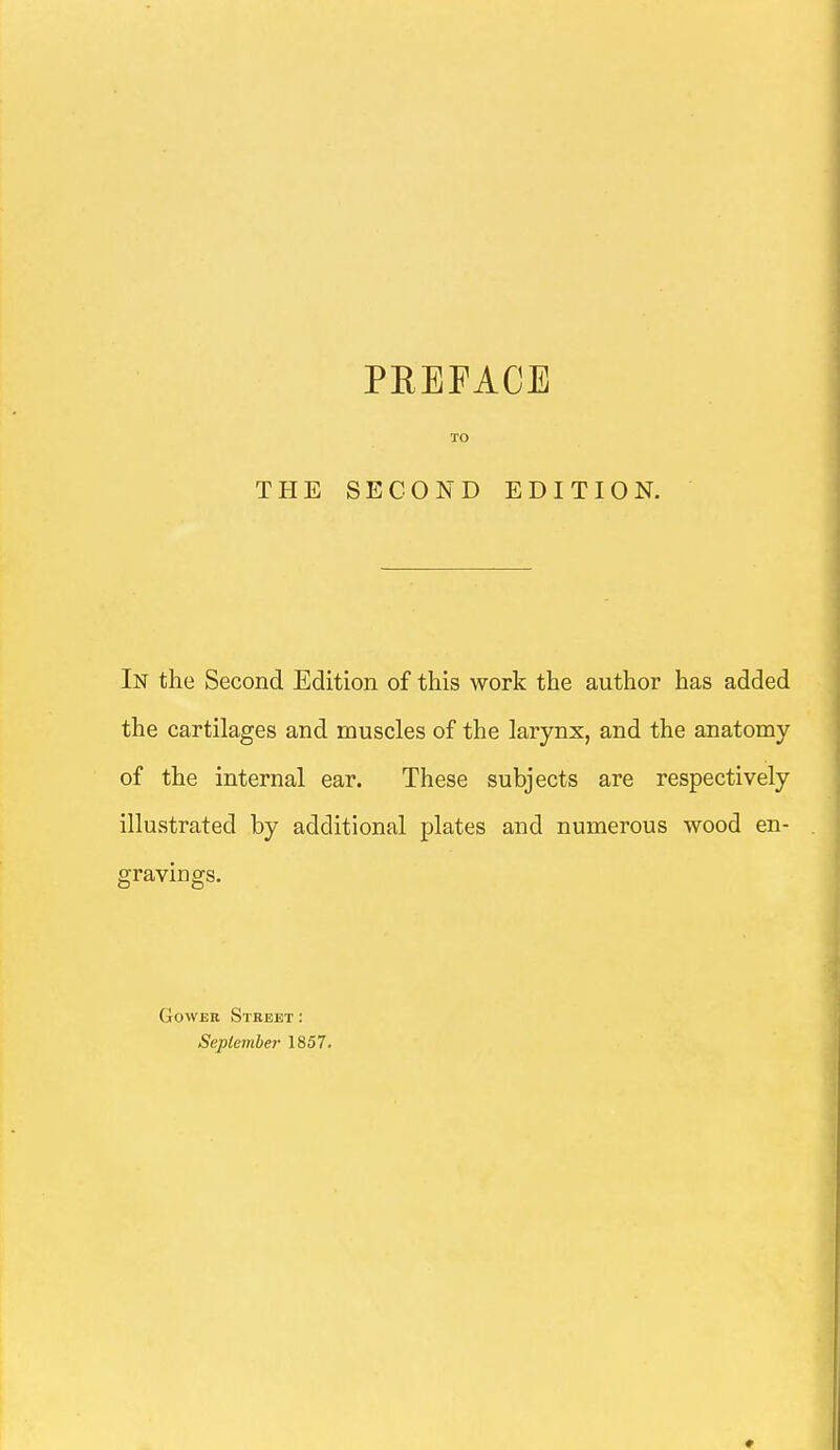 TO THE SECOND EDITION. In the Second Edition of this work the author has added the cartilages and muscles of the larynx, and the anatomy of the internal ear. These subjects are respectively illustrated by additional plates and numerous wood en- gravings. GowER Street: September 1857.