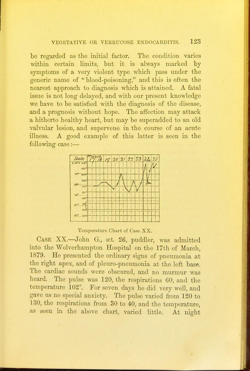 be regarded as the initial factor. The condition varies within certain limits, but it is always marked by symptoms of a very violent type which pass under the generic name of  blood-poisoning, and this is often the nearest approach to diagnosis which is attained. A fatal issue is not long delayed, and with our present knowledge we have to be satisfied with the diagnosis of the disease, and a prognosis without hope. The affection may attack a hitherto healthy heart, but may be superadded to an old valvular lesion, and supervene in the course of an acute illness. A good example of this latter is seen in the following case:— Temperature Chart of Case XX. Case XX.—John G., set. 26, puddler, was admitted into the Wolverhampton Hospital on the 17th of March, 1879. He presented the ordinary signs of pneumonia at the right apex, and of pleuro-pneumonia at the left base. The cardiac sounds were obscured, and no murmur was heard. The pulse was 120, the respirations 60, and the temperature 102°. For seven days he did very well, and gave us no special anxiety. The pulse varied from 120 to 130, the respirations from 30 to 40, and the temperature, as seen in the above chart, varied little. At night