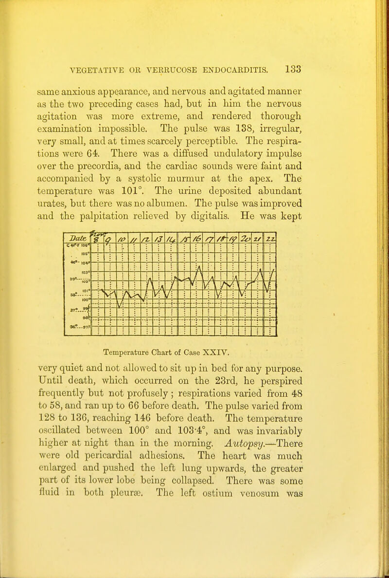 same anxious appearance, and nervous and agitated manner as the two preceding cases had, but in him the nervous agitation was more extreme, and rendered thorough examination impossible. The pulse was 138, irregular, very small, and at times scarcely perceptible. The respira- tions were 64. There was a diffused undulatory impulse over the precordia, and the cardiac sounds were faint and accompanied by a systolic murmur at the apex. The temperature was 101°. The urine deposited abundant urates, but there was no albumen. The pulse was improved and the palpitation relieved by digitalis. He was kept Date f$T ft /S '1+ /6 S7 2v 2J ZZ. c v-t 106 105** 103° 39ft ... J- \ T ioa° V A \ r \l 101 38? 100° —i- sfir W?...S7-° Temperature Chart of Case XXIV. very quiet and not allowed to sit up in bed for any purpose. Until death, which occurred on the 23rd, he perspired frequently but not profusely ; respirations varied from 48 to 58, and ran up to 66 before death. The pulse varied from 128 to 136, reaching 146 before death. The temperature oscillated between 100° and 103-4°, and was invariably higher at night than in the morning. Autopsy.—There were old pericardial adhesions. The heart was much enlarged and pushed the left lung upwards, the greater part of its lower lobe being collapsed. There was some fluid in both pleurae. The left ostium venosum was