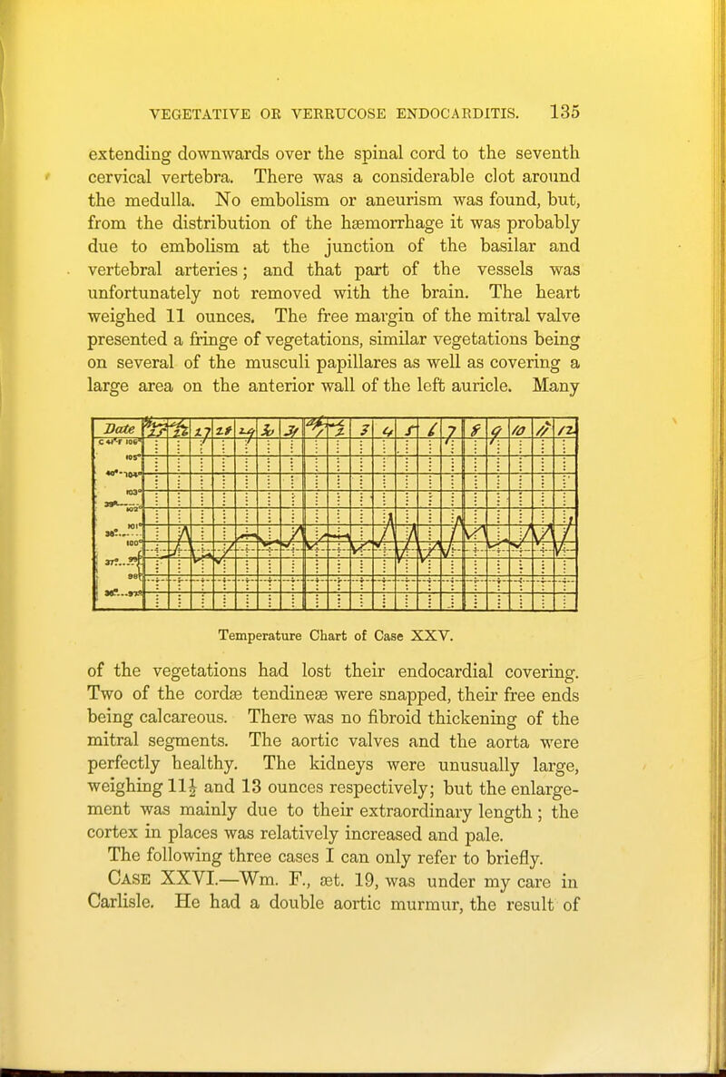 extending downwards over the spinal cord to the seventh cervical vertebra. There was a considerable clot around the medulla. No embolism or aneurism was found, but, from the distribution of the haemorrhage it was probably due to embolism at the junction of the basilar and vertebral arteries; and that part of the vessels was unfortunately not removed with the brain. The heart weighed 11 ounces. The free margin of the mitral valve presented a fringe of vegetations, similar vegetations being on several of the musculi papillares as well as covering a large area on the anterior wall of the left auricle. Many Temperature Chart of Case XXV. of the vegetations had lost their endocardial covering. Two of the cordse tendineas were snapped, their free ends being calcareous. There was no fibroid thickening of the mitral segments. The aortic valves and the aorta were perfectly healthy. The kidneys were unusually large, weighing 11£ and 13 ounces respectively; but the enlarge- ment was mainly due to their extraordinary length; the cortex in places was relatively increased and pale. The following three cases I can only refer to briefly. Case XXVI—Wm. F, set. 19, was under my care in Carlisle. He had a double aortic murmur, the result of