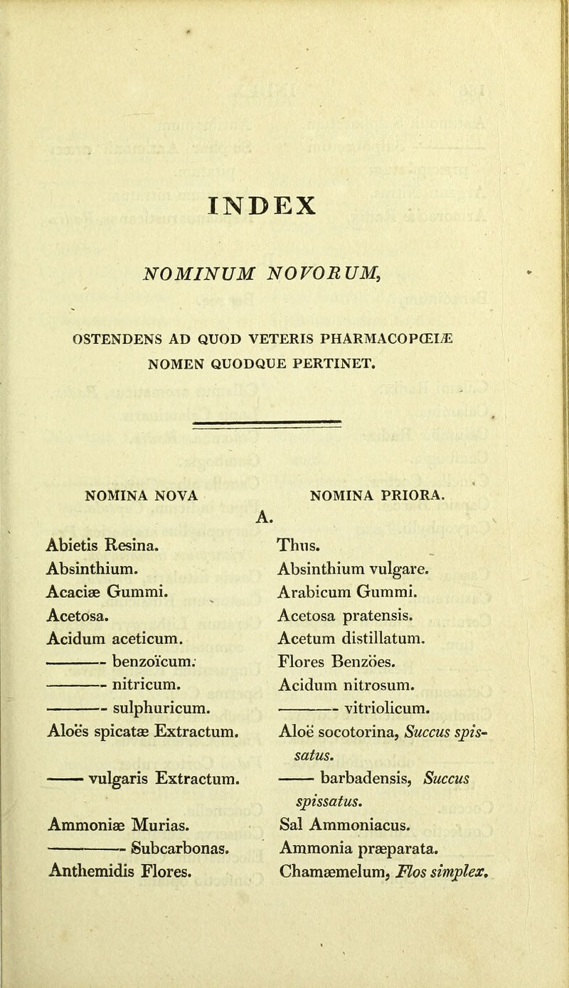 INDEX NOMINUM NOVO RUM, OSTENDENS AD QUOD VETERIS PHARMACOPCEIJi NOMEN QUODQUE PERTINET. NOMINA NOVA Abietis Resina. Absinthium. Acacise Gummi. Acetosa. Acidum aceticum. benzoicum. nitricum. sulphuricum. Aloes spicatae Extractum. vulgaris Extractum. Ammoniae Murias. Subcarbonas. Anthemidis Flores. NOMINA PRIORA. A. Thus. Absinthium vulgare. Arabicum Gummi. Acetosa pratensis. Acetum distillatum. Flores Benzdes. Acidum nitrosum. vitriolicum. Aloe socotorina, Succus sj)is- satus. barbadensis, Succus spissatus. Sal Ammoniacus. Ammonia praeparata. Chamaemelum, Flos simplex.