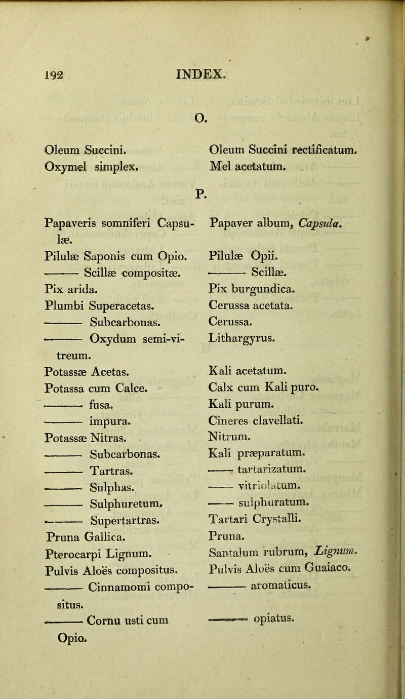 O. Oleum Succini. Oxymel simplex. Papaveris somniferi Capsu- lae. Pilulae Saponis cum Opio. Scillse compositae. Pix arida. Plumbi Superacetas. Subcarbonas. • Oxydum semi-vi- treum. Potassae Acetas. Potassa cum Calce. fusa. impura. Potassae Nitras. Subcarbonas. Tartras. Sulphas. Sulphuretum, Supertartras. Pruna Gallica. Pterocarpi Lignum. Pul vis Aloes compositus. Cinnamomi compo- situs. Cornu usti cum Opio. Oleum Succini rectidcatum. Mel acetatum. Papaver album, Capsula. Pilulae Opii. — Scillae. Pix burgundica. Cerussa acetata. Cerussa. Lithargyrus. Kali acetatum. Calx cum Kali puro. Kali purum. Cineres clavellati. Nitrum. Kali praeparatum. tartarizatum. vitriol alum. sulphuratum. Tartari Crystalli. Pruna. Santalum rubrum, Lignum, Pulvis Aloes cum Guaiaco. aromalicus. . I II opiatus.