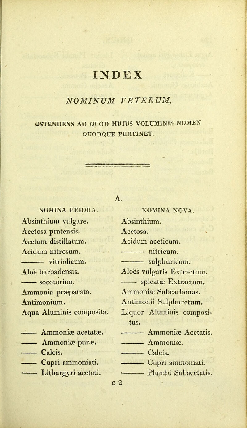 NOMINUM VETERUM, OSTENDENS AD QUOD HU JUS VOLUMINIS NOMEN QUODQUE PERTINET. NOMINA PRIORA. Absinthium vulgare. Acetosa pratensis. Acetum distillatum. Acidum nitrosum. vitriolicum. Aloe barbadensis. socotorina. Ammonia prseparata. Antimonium. Aqua Aluminis composita. Ammoniae acetatae. Ammonias puras. Calcis. Cupri ammoniati. Lithargyri acetati. A. NOMINA NOVA. Absinthium. Acetosa. n Acidum aceticum. nitricum. sulphuricum. Aloes vulgaris Extractum. spicatae Extractum. Ammonias Subcarbonas. Antimonii Sulphuretum. Liquor Aluminis composi- tus. Ammonias Acetatis. Ammonias. ■ Calcis. Cupri ammoniati. • Plumbi Subacetatis.