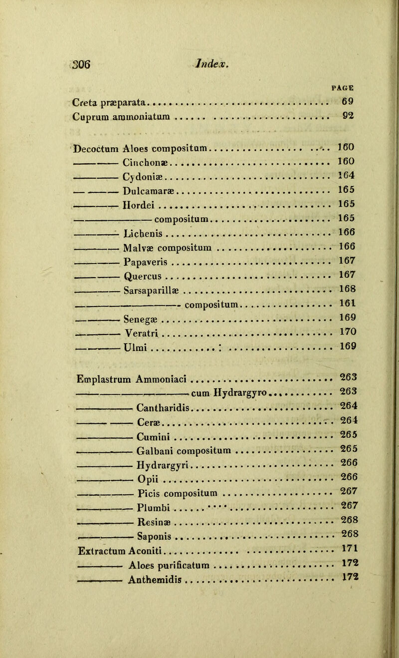 PAGE Creta praeparata 69 Cuprum aramoniatum 92 Decoctum Aloes compositum . 160 Ciiichonae 160 Cydoniae 164 Dulcamarae 165 Ilordei 165 compositum 165 ^ Lichenis 166 Malvae compositum 166 Papaveris 167 Quercus 167 Sarsaparillae 168 - compositum 161 Senegae 169 Veratri 170 Ulmi ; 169 Emplastrum Ammoniaci 263 cum Hydrargyro 263 —— Cantharidis 264 Cerae 264 Cumini 265 Galbani compositum 265 Hydrargyri 266 Opii 266 Picis compositum 267 Plumbi * • • * 267 Resinas 268 — Saponis Extractum Aconiti • • • I'^l ■ Aloes purificatura 1^2 ——^—— Anthemidis