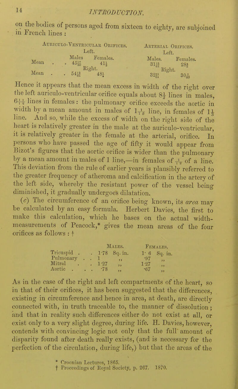 on the bodies of persons aged from sixteen to eighty, are subjoined m French lines : Auriculo-Ventricular Orifices. Abterial Orifices. Left. Left. Males Females. Males. Females. Mean . . i5% 411 31Jf 28* ri Right. Eight. Mean . . 48i 32gl ° 30* Hence it appears that the mean excess in width of the right over the left auriculo-ventricular orifice equals about %\ lines in males, 6f£ lines in females : the pulmonary orifice exceeds the aortic in width by a mean amount in males of 1TV line, in females of \\ line. And so, while the excess of width on the right side of the heart is relatively greater in the male at the auriculo-ventricular, it is relatively greater in the female at the arterial, orifice. In persons who have passed the age of fifty it would appear from Bizot's figures that the aortic orifice is wider than the pulmonary by a mean amount in males of 1 line,—in females of TV of a line. This deviation from the rule of earlier years is plausibly referred to the greater frequency of atheroma and calcification in the artery of the left side, whereby the resistant power of the vessel being diminished, it gradually undergoes dilatation. O) The circumference of an orifice being known, its area may be calculated by an easy formula. Herbert Davies, the first to make this calculation, which he bases on the actual width- measurements of Peacock,* gives the mean areas of the four orifices as follows : f Males. Females. Tricuspid . .178 Sq. in. 1- 6 Sq. in. Pulmonary . . 1 ,, -97 ,, Mitral . . 1-27 ,, 1-27 Aortic . . . -78 ,, -67 „ As in the case of the right and left compartments of the heart, so in that of their orifices, it has been suggested that the differences, existing in circumference and hence in area, at death, are directly connected with, in truth traceable to, the manner of dissolution; and that in reality such differences either do not exist at all, or exist only to a very slight degree, during life. H. Davies, however, contends with convincing logic not only that the full amount of disparity found after death really exists, (and is necessary for the perfection of the circulation, during life,) but that the areas of the * Croonian Lectures, 1865. t ProceediDgs of Eoynl Society, p. 267. 1870.