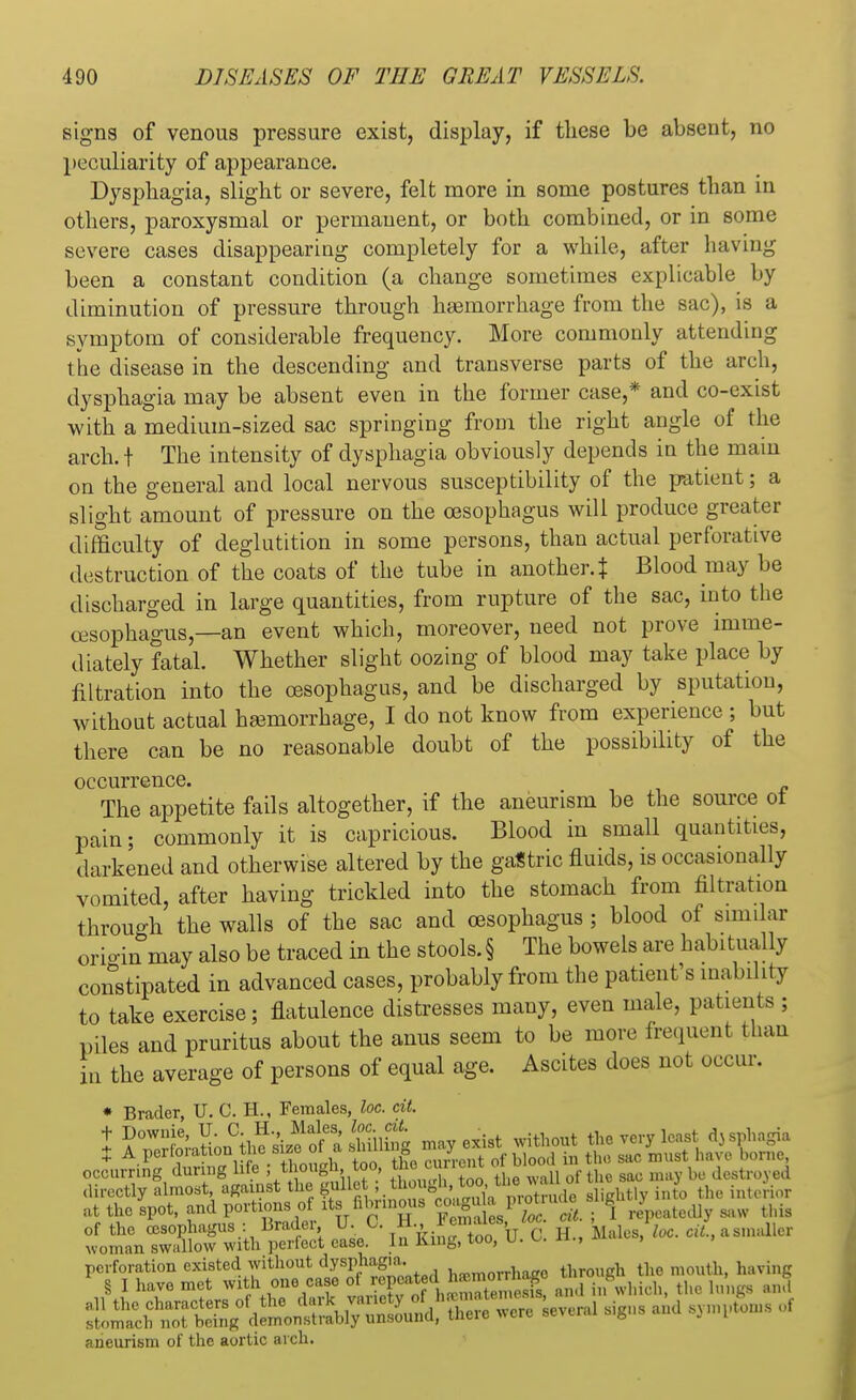 signs of venous pressure exist, display, if these be absent, no peculiarity of appearance. Dysphagia, slight or severe, felt more in some postures than in others, paroxysmal or permanent, or both combined, or in sonic severe cases disappearing completely for a while, after having been a constant condition (a change sometimes explicable by diminution of pressure through haemorrhage from the sac), is a symptom of considerable frequency. More commonly attending the disease in the descending and transverse parts of the arch, dysphagia may be absent even in the former case,* and co-exist with a medium-sized sac springing from the right angle of the arch, t The intensity of dysphagia obviously depends in the main on the general and local nervous susceptibility of the patient; a slight amount of pressure on the oesophagus will produce greater difficulty of deglutition in some persons, than actual perforative destruction of the coats of the tube in another. % Blood may be discharged in large quantities, from rupture of the sac, into the oesophagus,—an event which, moreover, need not prove imme- diately fatal. Whether slight oozing of blood may take place by filtration into the oesophagus, and be discharged by sputation, without actual haemorrhage, I do not know from experience ; but there can be no reasonable doubt of the possibility of the occurrence. The appetite fails altogether, if the aneurism be the source ot pain; commonly it is capricious. Blood in small quantities, darkened and otherwise altered by the gaStric fluids, is occasionally vomited, after having trickled into the stomach from filtration through the walls of the sac and oesophagus; blood of similar origin may also be traced in the stools. § The bowels are habitually constipated in advanced cases, probably from the patient's inability to take exercise; flatulence distresses many, even male, patients ; piles and pruritus about the anus seem to be more frequent than in the average of persons of equal age. Ascites does not occur. * Brader, U. C. H., Females, loc. cit. occurring during life ; thongh too, ^unent ot bio ^ ^ S^SffiWiS& S£ 5iS£ti& h., W£ ». perforata. «xfed without dysplugm. , tlir011gh t,„ m0„ih, having § 1 kn met with one. eaje aid in which, the lungs and SS^S^ASS^SStSi were U». -d HO - aneurism of the aortic arch.