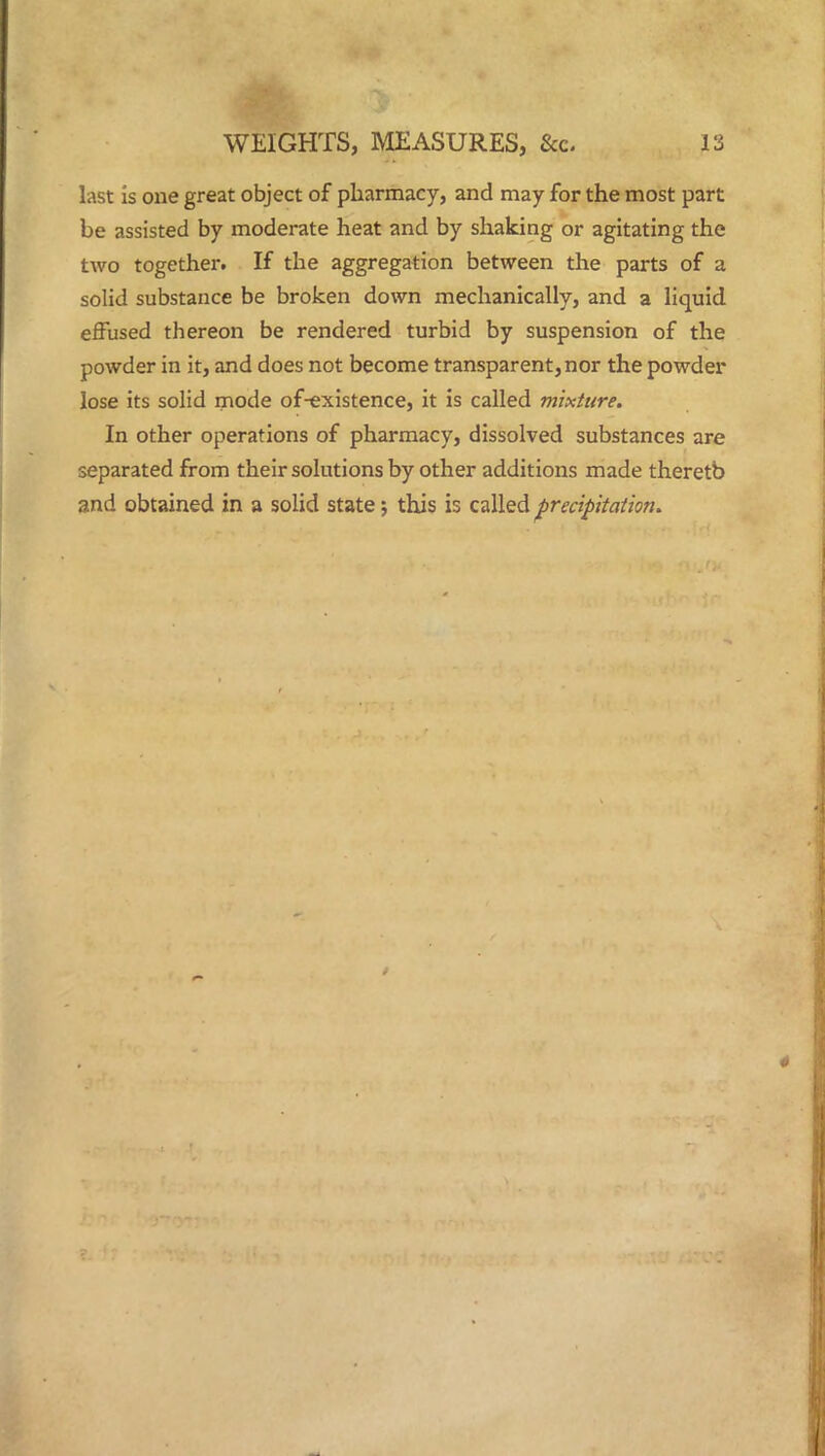 last is one great object of pharmacy, and may for the most part be assisted by moderate heat and by shaking or agitating the two together. If the aggregation between the parts of a solid substance be broken down mechanically, and a liquid effused thereon be rendered turbid by suspension of the powder in it, and does not become transparent, nor the powder lose its solid mode of-existence, it is called mixture. In other operations of pharmacy, dissolved substances are separated from their solutions by other additions made theretb and obtained in a solid state; this is called precipitation.