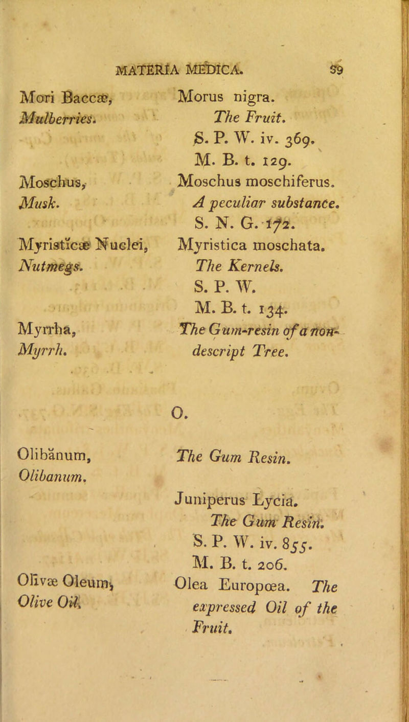 Mori Baccrc, Mulberries. Moschus, Musk. Myristicafc Nuclei. Nutmegs. Myrrha, Myrrh, Morus nigra. The Fruit. S. P. W. iv. 369. M. B. t. 129. Moschus moschiferus. A peculiar substance. S. N. G. 172. Myristica moschata. The Kernels. S. P. w. M. B. t. 134. The Gum-resin of a non- descript Tree. O. Olibanum, Olibanum. Ollvse Oleum* Olive Oil, The Gum Resin. Juniperus Lycia, The Gum Resin. S. P. W. iv. 855. M. B. t. 206. Olea Europoea. The expressed Oil of the Fruit.