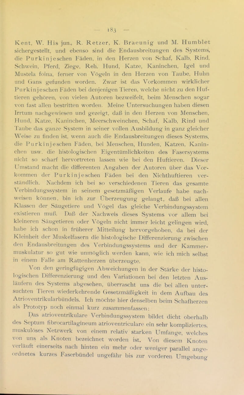 Kent, W. His jun., R. Retzer, K. Braeunig und M. Humblet sichergestellt, und ebenso sind die Endausbreitungen des Systems, die Pu rki nj eschen Fäden, in den Herzen von Schaf, Kalb, Rind, Schwein, Pferd, Ziege, Reh, Hund, Katze, Kaninchen, Igel und Mustela foina, ferner von Vögeln in den Herzen von Taube, Huhn und Gans gefunden worden. Zwar ist das Vorkommen wirklicher Pu rki nj eschen Fäden bei denjenigen Tieren, welche nicht zu den Huf- tieren gehören, von vielen Autoren bezweifelt, beim Menschen sogar von fast allen bestritten worden. Meine Untersuchungen haben diesen Irrtum nachgewiesen und gezeigt, daß in den Herzen von Menschen, Hund, Katze, Kaninchen, Meerschweinchen, Schaf, Kalb, Rind und Taube das g'anze System in seiner vollen Ausbildung' in ganz gleicher Weise zu finden ist, wenn auch die Endausbreitungen dieses Svstems, die Pu rki nj eschen Fäden, bei Menschen, Hunden, Katzen, Kanin- chen usw. die histologischen Eigentümlichkeiten des P'asersystems nicht so scharf hervortreten lassen wie bei den Huftieren. Dieser Umstand macht die differenten Angaben der Autoren über das Vor- kommen der Purk inj eschen Fäden bei den Nichthuftieren ver- ständlich. Nachdem ich bei so verschiedenen Tieren das gesamte A'^erbindungssystem in seinem gesetzmäßigen Verlaufe habe nach- weisen können, bin ich zur Überzeugung gelangt, daß bei allen Klassen der Säugetiere und Vögel das gleiche Verbindungssystem existieren muß. Daß der Nachweis dieses Systems \-or allem bei kleineren Säugetieren oder Vögeln nicht immer leicht gelingen wird, habe ich schon in früherer Mitteilung hervorgehoben, da bei der Kleinheit der Muskelfasern die histologische Differenzierung zwischen den Endausbreitungen des Verbindungssystems und der Kammer- muskulatur so gut wie uiuuöglich werden kann, wie ich mich selbst in einem Falle am Rattenherzen überzeugte. Von den geringfügigen Abweichungen in der Stärke der histo- logischen Differenzierung und den Variationen bei den letzten Aus- läufern des Systems abgesehen, überrascht uns die bei allen unter- suchten Tieren wiederkehrende Gesetzmäßigkeit in dem Aufbau des Atrioventrikularbündels. Ich möchte hier denselben beim Schafherzen als Prototyp noch einmal kurz zusammenfassen: Das atrioventrikuläre Verbindungssystem bildet dicht oberhalb des Septum fibrocartilagineum atrioventriculare ein sehr kompliziertes, luuskulöses Netzwerk von einem relativ starken Umfange, welches von uns als Knoten bezeichnet worden ist. Von diesem Knoten verläuft einerseits nach hinten ein mehr oder weniger parallel ange- ordnetes kurzes Faserbündel ungefähr bis zur vorderen Umgebung