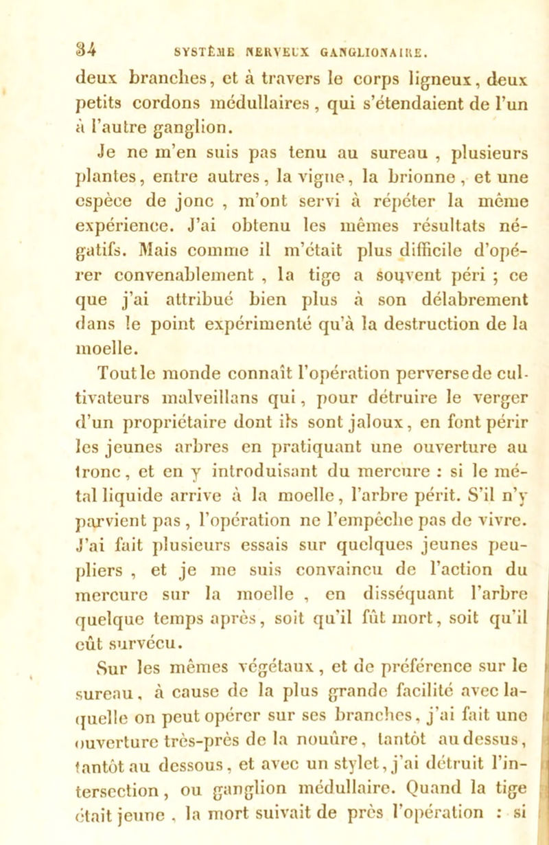 deux branches, et à travers le corps ligneux, deux petits cordons médullaires , qui s’étendaient de l’un à l’autre ganglion. Je ne m’en suis pas tenu au sureau , plusieurs plantes, entre autres, la vigne, la brionno, et une espèce de jonc , m’ont servi à répéter la même expérience. J’ai obtenu les mêmes résultats né- gatifs. Mais comme il m’était plus difficile d’opé- rer convenablement , la tige a souvent péri ; ce que j’ai attribué bien plus à son délabrement dans le point expérimenté qu’à la destruction de la moelle. Toutle monde connaît l’opération perverse de cul- tivateurs malveillans qui, pour détruire le verger d’un propriétaire dont ils sont jaloux, en font périr les jeunes arbres en pratiquant une ouverture au Ironc, et en y introduisant du mercure : si le mé- tal liquide arrive à la moelle, l’arbre périt. S’il n’y parvient pas , l’opération ne l’empêche pas de vivre. J’ai fait plusieurs essais sur quelques jeunes peu- pliers , et je me suis convaincu de l’action du mercure sur la moelle , en disséquant l’arbre quelque temps après, soit qu'il fût mort, soit qu’il eût survécu. Sur les mêmes végétaux , et de préférence sur le i sureau, à cause de la plus grande facilité avec la- quelle on peut opérer sur ses branches, j’ai fait une I ouverture très-près de la nouûre, tantôt au dessus, tantôt au dessous, et avec un stylet, j’ai détruit l’in- . tersection, ou ganglion médullaire. Quand la tige était jeune . la mort suivait de près l’opération : si