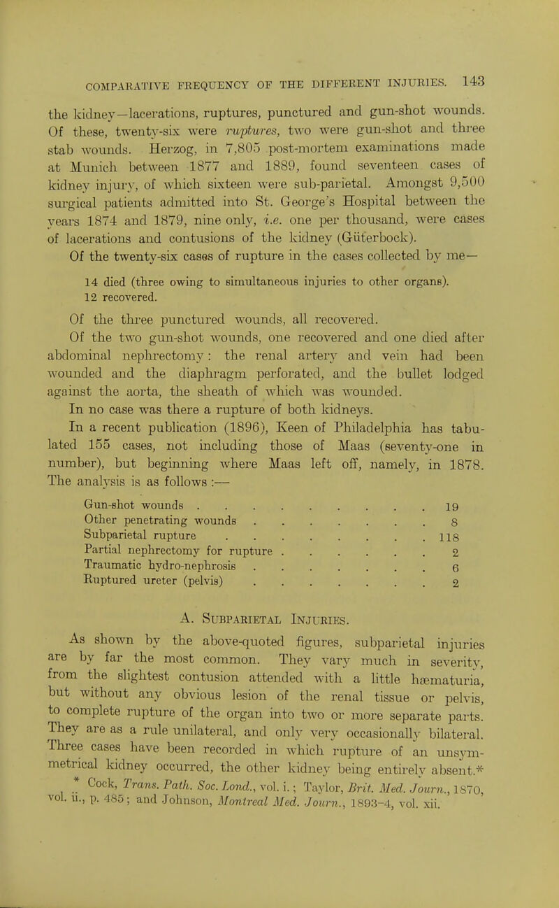 the kidney-lacerations, ruptures, punctured and gun-shot wounds. Of these, twenty-six were ruptures, two were gun-shot and three stab wounds. Herzog, in 7,805 post-mortem examinations made at Munich between 1877 and 1889, found seventeen cases of kidney injury, of which sixteen were sub-parietal. Amongst 9,500 surgical patients admitted into St. George's Hospital between the years 1874 and 1879, nine only, i.e. one per thousand, were cases of lacerations and contusions of the kidney (Giiterbock). Of the twenty-six cases of rupture in the cases collected by me— 14 died (three owing to simultaneous injuries to other organs). 12 recovered. Of the three punctured wounds, all recovered. Of the two gun-shot wounds, one recovered and one died aftei- abdominal nephrectomy: the renal artery and vein had been wounded and the diaphragm perforated, and the bullet lodged against the aorta, the sheath of which was wounded. In no case was there a rupture of both kidneys. In a recent publication (1896), Keen of Philadelphia has tabu- lated 155 cases, not including those of Maas (seventy-one in number), but beginning where Maas left off, namely, in 1878. The analysis is as follows :— Gun-shot wounds 19 Other penetrating wounds 8 Subparietal rupture 118 Partial nephrectomy for rupture 2 Traumatic hydro-nephrosis 6 Euptured ureter (pelvis) 2 A. Subparietal Injuries. As shown by the above-quoted figures, subparietal injuries are by far the most common. They vary much in severitv, from the slightest contusion attended with a little hjBmaturia', but without any obvious lesion of the renal tissue or pelvis, to complete rupture of the organ into two or more separate parts! They are as a rule unilateral, and only very occasionally bilateral. Three cases have been recorded in which rupture of an unsym- metrical kidney occurred, the other kidney being entirely absent.* * Cock, Trans. Path. Soc. Land., vol. i.; Taylor, Brit. Med. Journ., 1870, vol. u., p. 485; and Johnson, Montreal Med. Journ., 1893-4, vol. xii.