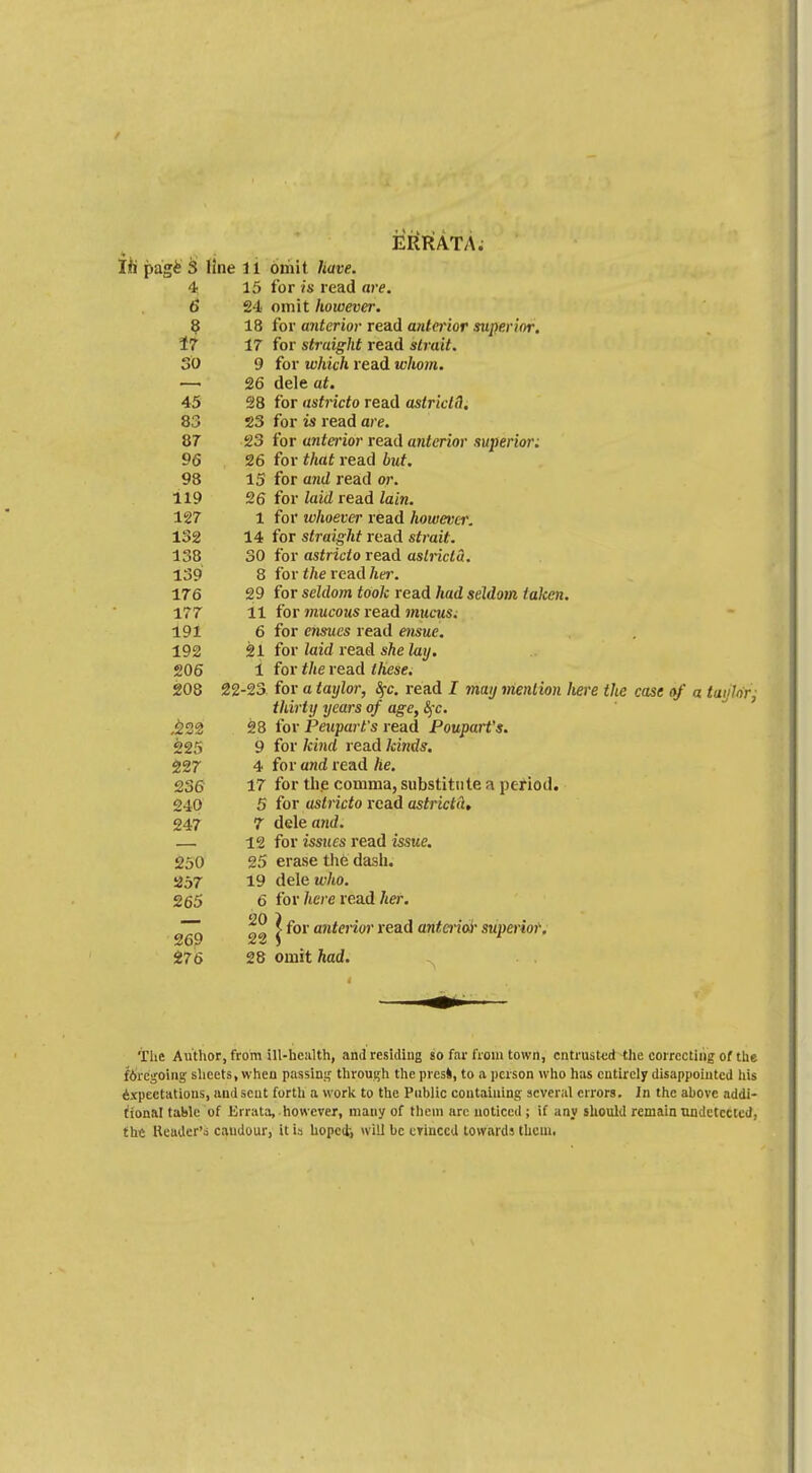 ERRATA. Ifi pa'gfc 3 line 11 omit have. 4 15 for is read are. 6 24 omit however. 8 18 for anterior read antei'ior superior, i? 17 for straight read strait. 30 9 for which read whom. 26 dele af. 45 28 for astricto read astricl!}. 83 23 for is read ace. 87 23 for anterior read anterior superior; 96 26 for Maf read iuf. 98 15 for and read or. 119 26 for iaid read lain. 127 1 for whoever read however. 132 14 for straight read sf/ai£. 138 30 for astricto read aslricta. 139 8 for f/ie read /ter. 176 29 for seldom took read Aaa seldom taken. 177 11 for mucous read mucus. 191 6 for ensues read ensue. 192 21 for laid read sfte toy. 206 i for the read ZAese. 208 22-23 for a tayloi; 5fc. read I may mention here the case of a tai:lnr} thirty years of age, Sfc. ,222 28 for Peuparfs read Poupart's. 225 9 for kind read kinds. 227 4 for and read Ae. 236 17 for the comma, substitute a period. 240 5 for astricto read astrida, 247 7 dele ant/. — 12 for issues read issue. 250 25 erase the dash. 257 19 deleu'/to. 265 6 for /to e read her. ~~ ^ > for anterior read anteriar superior; 269 22 ) J 276 28 omit nad. The Author, from ill-health, and residing so far from town, entrusted the correcting of the f6rcgoing sheets, when passing through the presfc, to a person who has entirely disappointed his Expectations, mid scut forth a work to the Pnhlic containing several errors. In the ahovc addi- tional table of Errata, however, many of them are noticed ; if any should remain undetected, the Reader's candour, it ia hoped-, will be evinced towards them.