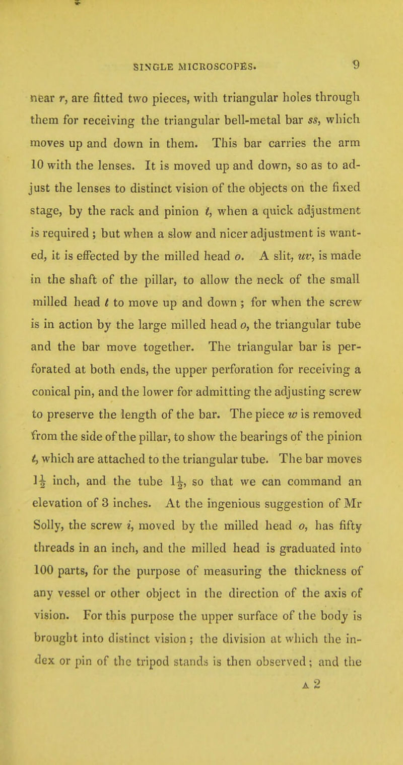 SINGLE MICROSCOPES. 9 near r, are fitted two pieces, with triangular holes through them for receiving the triangular bell-metal bar ss, which moves up and down in them. This bar carries the arm 10 with the lenses. It is moved up and down, so as to ad- just the lenses to distinct vision of the objects on the fixed stage, by the rack and pinion t, when a quick adjustment is required ; but when a slow and nicer adjustment is want- ed, it is effected by the milled head o. A slit, uv, is made in the shaft of the pillar, to allow the neck of the small milled head t to move up and down; for when the screw is in action by the large milled head o, the triangular tube and the bar move together. The triangular bar is per- forated at both ends, the upper perforation for receiving a conical pin, and the lower for admitting the adjusting screw to preserve the length of the bar. The piece w is removed from the side of the pillar, to show the bearings of the pinion t, which are attached to the triangular tube. The bar moves \\ inch, and the tube 1^, so that we can command an elevation of 3 inches. At the ingenious suggestion of Mr Solly, the screw i, moved by the milled head o, has fifty threads in an inch, and the milled head is graduated into 100 parts, for the purpose of measuring the thickness of any vessel or other object in the direction of the axis of vision. For this purpose the upper surface of the body is brought into distinct vision ; the division at which the in- dex or pin of the tripod stands is then observed; and the a 2