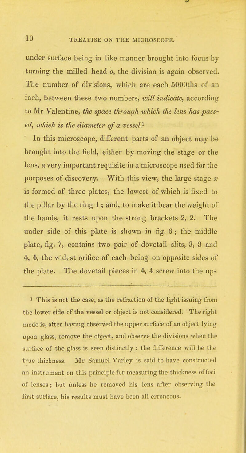 under surface being in like manner brought into focus by turning the milled head o, the division is again observed. The number of divisions, which are each 5000ths of an inch, between these two numbers, loill indicate, according to Mr Valentine, the space through which the lens lias pass- ed, which is the diameter of a vessel.1 In this microscope, different parts of an object may be brought into the field, either by moving the stage or the lens, a very important requisite in a microscope used for the purposes of discovery. With this view, the large stage x is formed of three plates, the lowest of which is fixed to the pillar by the ring 1; and, to make it bear the weight of the hands, it rests upon the strong brackets 2, 2. The under side of this plate is shown in fig. 6; the middle plate, fig. 7, contains two pair of dovetail slits, 3, 3 and 4, 4, the widest orifice of each being on opposite sides of the plate. The dovetail pieces in 4, 4 screw into the up- 1 This is not the case, as the refraction of the light issuing from the lower side of the vessel or object is not considered. The right mode is, after having observed the upper surface of an object lying upon glass, remove the object, and observe the divisions when the surface of the glass is seen distinctly : the difference will be the true thickness. Mr Samuel Varley is said to have constructed an instrument on this principle for measuring the thickness of foci of lenses; but unless he removed his lens after observing the first surface, his results must have been all erroneous.