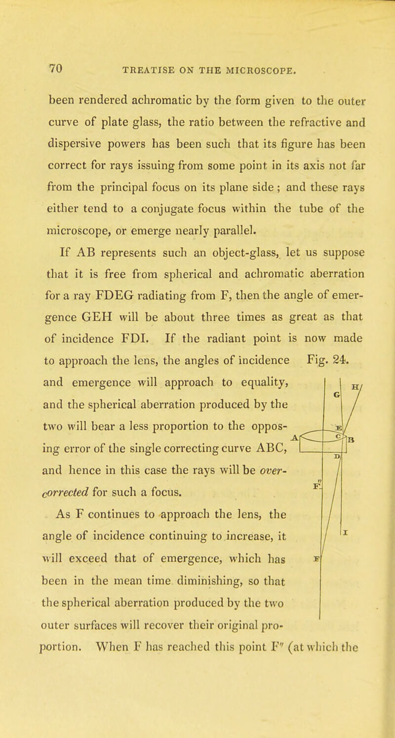 been rendered achromatic by the form given to the outer curve of plate glass, the ratio between the refractive and dispersive powers has been such that its figure has been correct for rays issuing from some point in its axis not far from the principal focus on its plane side; and these rays either tend to a conjugate focus within the tube of the microscope, or emerge nearly parallel. If AB represents such an object-glass, let us suppose that it is free from spherical and achromatic aberration for a ray FDEG radiating from F, then the angle of emer- gence GEH will be about three times as great as that of incidence FDI. If the radiant point is now made to approach the lens, the angles of incidence Fig. 24?. and emergence will approach to equality, and the spherical aberration produced by the two will bear a less proportion to the oppos- ing error of the single correcting curve ABC, and hence in this case the rays will be over- corrected for such a focus. As F continues to approach the lens, the angle of incidence continuing to increase, it will exceed that of emergence, which has been in the mean time diminishing, so that the spherical aberration produced by the two outer surfaces will recover their original pro- portion. When F has reached this point F (at which the