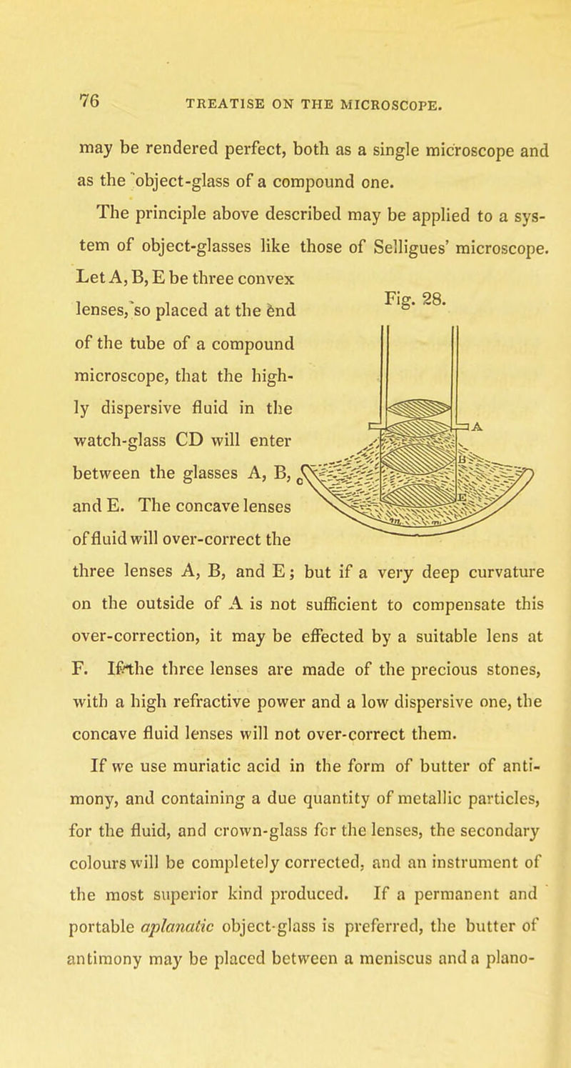 may be rendered perfect, both as a single microscope and as the object-glass of a compound one. The principle above described may be applied to a sys- tem of object-glasses like those of Selligues' microscope. Let A, B, E be three convex lenses/so placed at the end of the tube of a compound microscope, that the high- ly dispersive fluid in the watch-glass CD will enter between the glasses A, B, 0< and E. The concave lenses of fluid will over-correct the three lenses A, B, and E; but if a very deep curvature on the outside of A is not sufficient to compensate this over-correction, it may be effected by a suitable lens at F. Iftthe three lenses are made of the precious stones, with a high refractive power and a low dispersive one, the concave fluid lenses will not over-correct them. If we use muriatic acid in the form of butter of anti- mony, and containing a due quantity of metallic particles, for the fluid, and crown-glass fcr the lenses, the secondary colours will be completely corrected, and an instrument of the most superior kind produced. If a permanent and portable aplanatic object-glass is preferred, the butter of antimony may be placed between a meniscus and a piano-