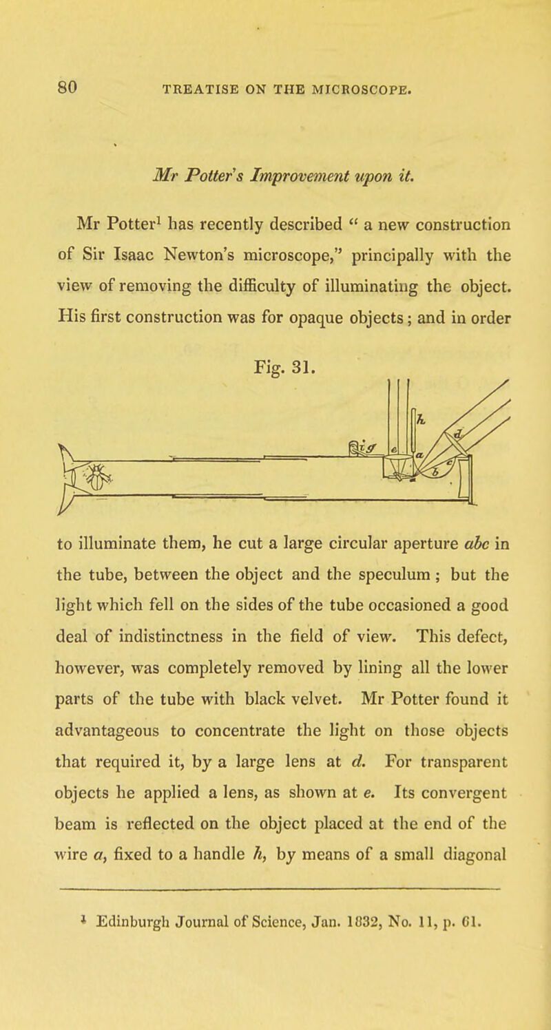Mr Potter s Improvement upon it. Mr Potter1 has recently described  a new construction of Sir Isaac Newton's microscope, principally with the view of removing the difficulty of illuminating the object. His first construction was for opaque objects; and in order Fig. 31. to illuminate them, he cut a large circular aperture abc in the tube, between the object and the speculum ; but the light which fell on the sides of the tube occasioned a good deal of indistinctness in the field of view. This defect, however, was completely removed by lining all the lower parts of the tube with black velvet. Mr Potter found it advantageous to concentrate the light on those objects that required it, by a large lens at d. For transparent objects he applied a lens, as shown at e. Its convergent beam is reflected on the object placed at the end of the wire a, fixed to a handle h, by means of a small diagonal 1 Edinburgh Journal of Science, Jan. 1832, No. 11, p. CI.