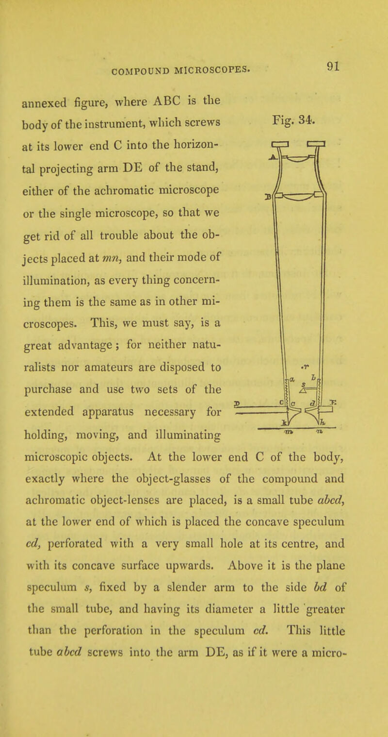 Fig. 34. annexed figure, where ABC is the body of the instrument, which screws at its lower end C into the horizon- tal projecting arm DE of the stand, either of the achromatic microscope or the single microscope, so that we get rid of all trouble about the ob- jects placed at mn, and their mode of illumination, as every thing concern- ing them is the same as in other mi- croscopes. This, we must say, is a great advantage; for neither natu- ralists nor amateurs are disposed to purchase and use two sets of the extended apparatus necessary for holding, moving, and illuminating m microscopic objects. At the lower end C of the body, exactly where the object-glasses of the compound and achromatic object-lenses are placed, is a small tube abed, at the lower end of which is placed the concave speculum cd, perforated with a very small hole at its centre, and with its concave surface upwards. Above it is the plane speculum s, fixed by a slender arm to the side bd of the small tube, and having its diameter a little greater than the perforation in the speculum cd. This little tube abed screws into the arm DE, as if it were a micro-