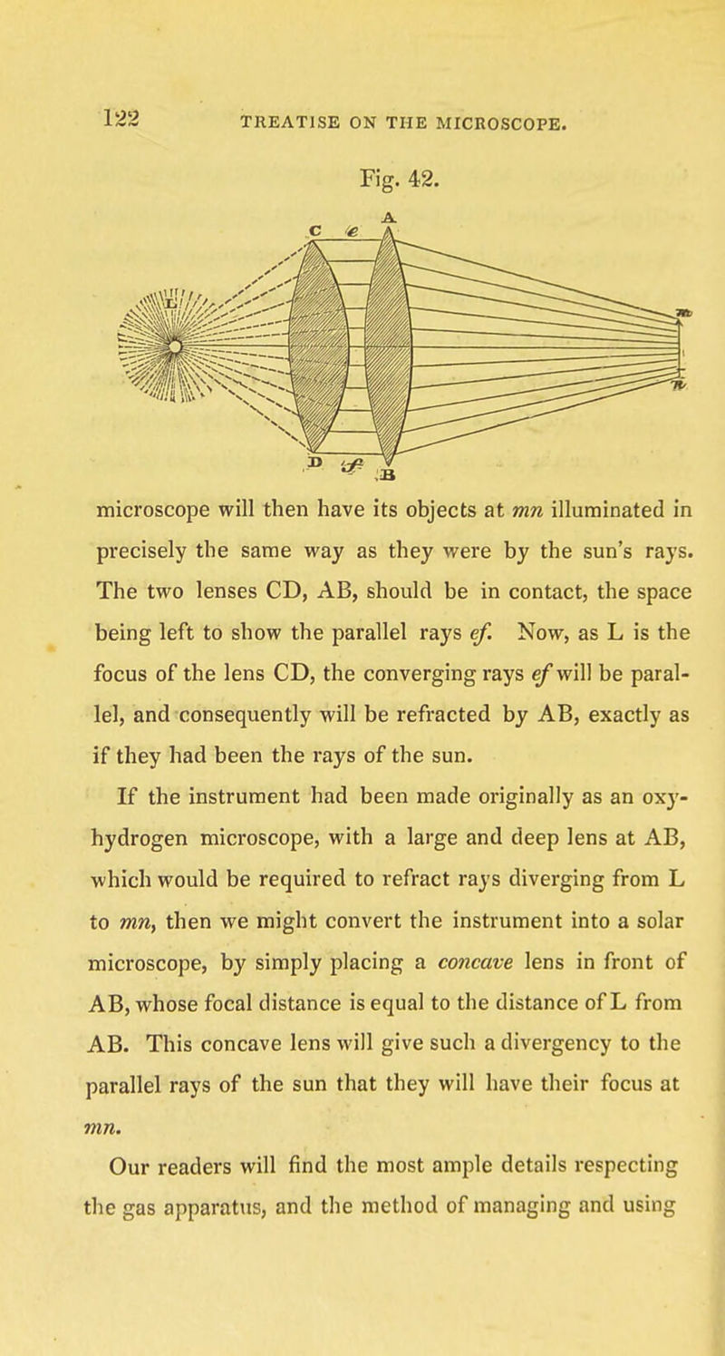 Fig. 42. microscope will then have its objects at mn illuminated in precisely the same way as they were by the sun's rays. The two lenses CD, AB, should be in contact, the space being left to show the parallel rays ef. Now, as L is the focus of the lens CD, the converging rays ef will be paral- lel, and consequently will be refracted by AB, exactly as if they had been the rays of the sun. If the instrument had been made originally as an oxy- hydrogen microscope, with a large and deep lens at AB, which would be required to refract rays diverging from L to mn, then we might convert the instrument into a solar microscope, by simply placing a concave lens in front of AB, whose focal distance is equal to the distance of L from AB. This concave lens will give such a divergency to the parallel rays of the sun that they will have their focus at mn. Our readers will find the most ample details respecting the gas apparatus, and the method of managing and using