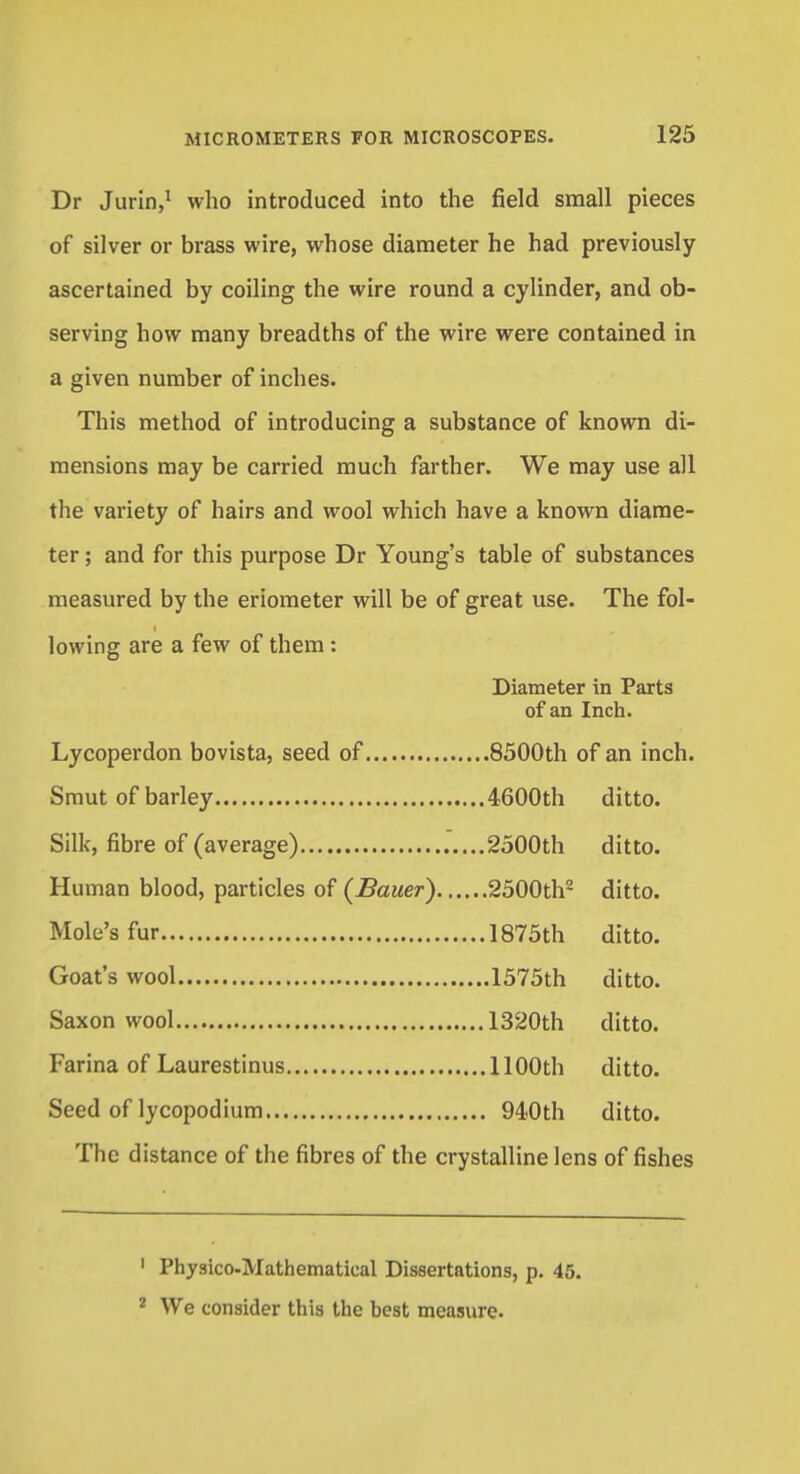 Dr Jurin,1 who introduced into the field small pieces of silver or brass wire, whose diameter he had previously ascertained by coiling the wire round a cylinder, and ob- serving how many breadths of the wire were contained in a given number of inches. This method of introducing a substance of known di- mensions may be carried much farther. We may use all the variety of hairs and wool which have a known diame- ter ; and for this purpose Dr Young's table of substances measured by the eriometer will be of great use. The fol- lowing are a few of them: Diameter in Parts of an Inch. Lycoperdon bovista, seed of 8500th of an inch. ditto. ditto. Human blood, particles of (Bauer). ..2500th2 ditto. ditto. ditto. ditto. ditto. ditto. The distance of the fibres of the crystalline lens of fishes 1 Physico-Mathematical Dissertations, p. 45. 2 We consider this the best measure.