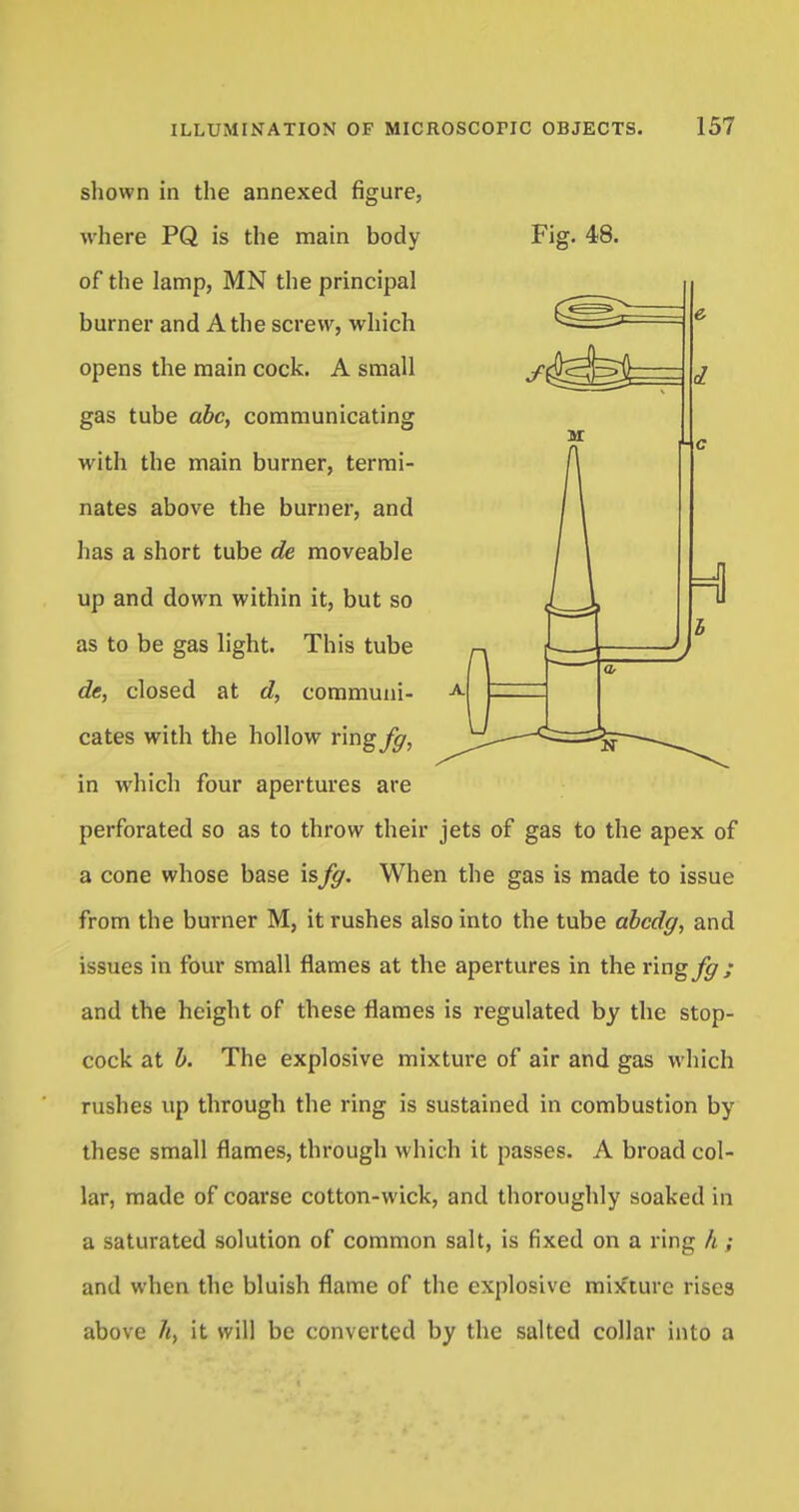 Fig. 48. shown in the annexed figure, where PQ is the main body of the lamp, MN the principal burner and A the screw, which opens the main cock. A small gas tube abc, communicating with the main burner, termi- nates above the burner, and has a short tube de moveable up and down within it, but so as to be gas light. This tube de, closed at d, communi- cates with the hollow ringer, in which four apertures are perforated so as to throw their jets of gas to the apex of a cone whose base isfg. When the gas is made to issue from the burner M, it rushes also into the tube abcdg, and issues in four small flames at the apertures in the ring fg ; and the height of these flames is regulated by the stop- cock at b. The explosive mixture of air and gas which rushes up through the ring is sustained in combustion by these small flames, through which it passes. A broad col- lar, made of coarse cotton-wick, and thoroughly soaked in a saturated solution of common salt, is fixed on a ring h ; and when the bluish flame of the explosive mix'ture rises above /«, it will be converted by the salted collar into a