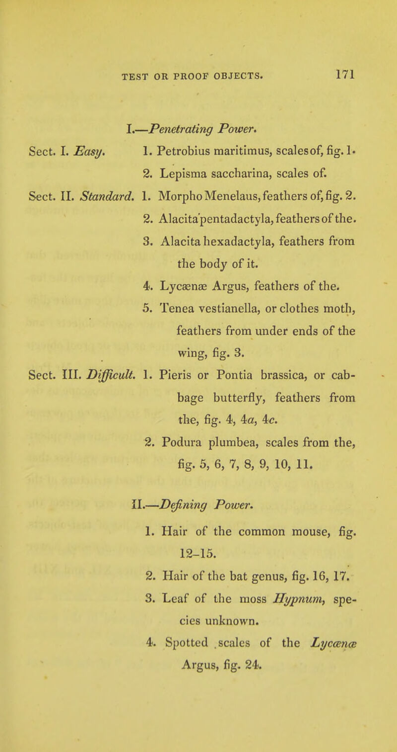 I.—Penetrating Power. Sect. I. Easy. 1. Petrobius maritimus, scalesof, fig. !• 2. Lepisma saccharina, scales of. Sect. II. Standard. 1. Morpho Menelaus, feathers of, fig. 2. 2. Alacita'pentadactyla, feathers of the. 3. Alacita hexadactyla, feathers from the body of it. 4. Lycaenae Argus, feathers of the. 5. Tenea vestianella, or clothes moth, feathers from under ends of the wing, fig. 3. Sect. III. Difficult. 1. Pieris or Pontia brassica, or cab- bage butterfly, feathers from the, fig. 4, 4<z, 4c. 2. Podura plumbea, scales from the, fig. 5, 6, 7, 8, 9, 10, 11. II.—Defining Power. 1. Hair of the common mouse, fig. 12-15. 2. Hair of the bat genus, fig. 16, 17. 3. Leaf of the moss Hypnum, spe- cies unknown. 4. Spotted .scales of the Lycama Argus, fig. 24.