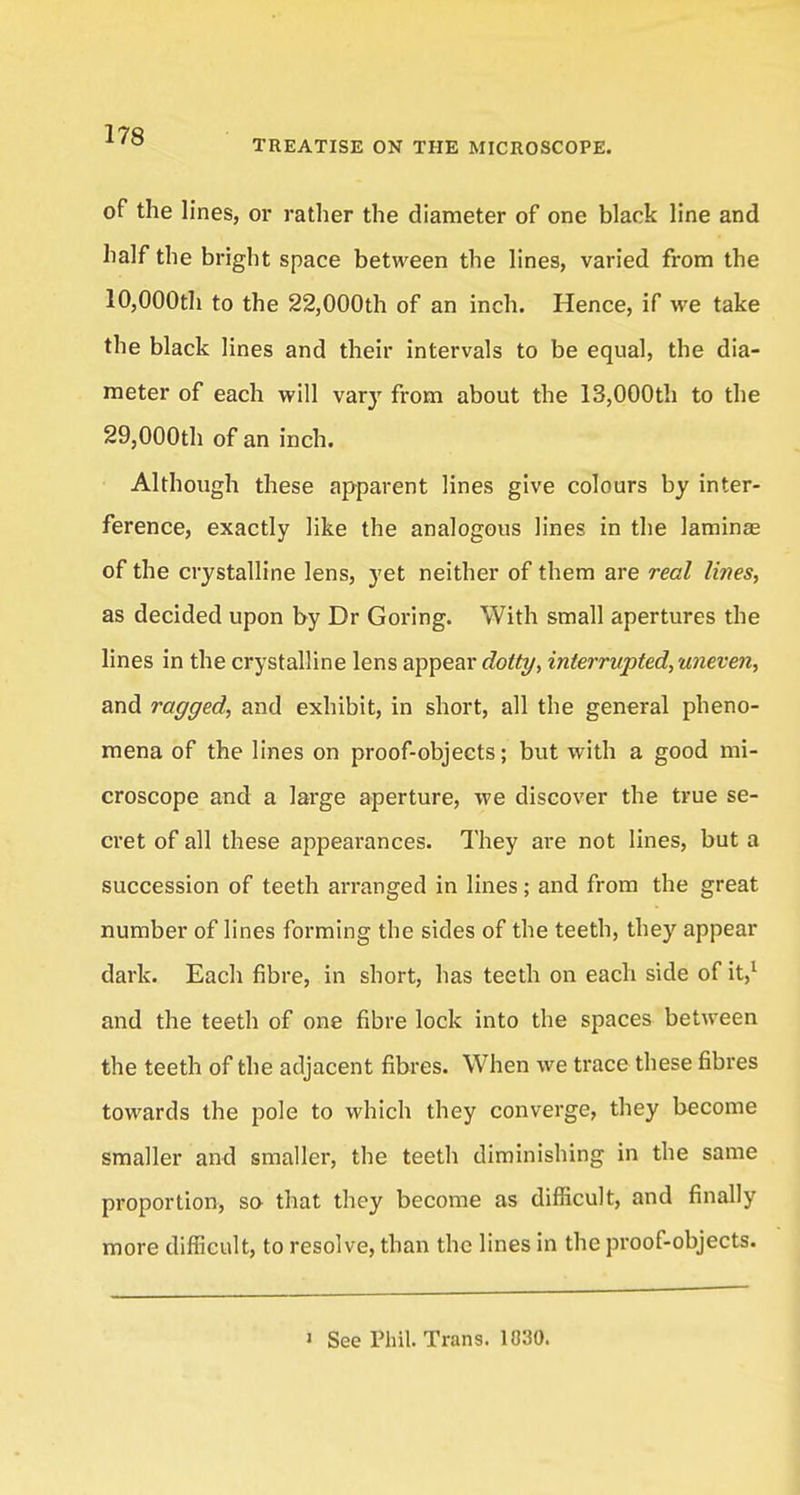 TREATISE ON THE MICROSCOPE. of the lines, or rather the diameter of one black line and half the bright space between the lines, varied from the 10,000th to the 22,000th of an inch. Hence, if we take the black lines and their intervals to be equal, the dia- meter of each will vary from about the 13,000th to the 29,000th of an inch. Although these apparent lines give colours by inter- ference, exactly like the analogous lines in the laminae of the crystalline lens, yet neither of them are real lines, as decided upon by Dr Goring. With small apertures the lines in the crystalline lens appear dotty, interrupted, uneven, and ragged, and exhibit, in short, all the general pheno- mena of the lines on proof-objects; but with a good mi- croscope and a large aperture, we discover the true se- cret of all these appearances. They are not lines, but a succession of teeth arranged in lines; and from the great number of lines forming the sides of the teeth, they appear dark. Each fibre, in short, has teeth on each side of it,1 and the teeth of one fibre lock into the spaces between the teeth of the adjacent fibres. When we trace these fibres towards the pole to which they converge, they become smaller and smaller, the teeth diminishing in the same proportion, so that they become as difficult, and finally more difficult, to resolve, than the lines in the proof-objects. > See Phil. Trans. 1030.