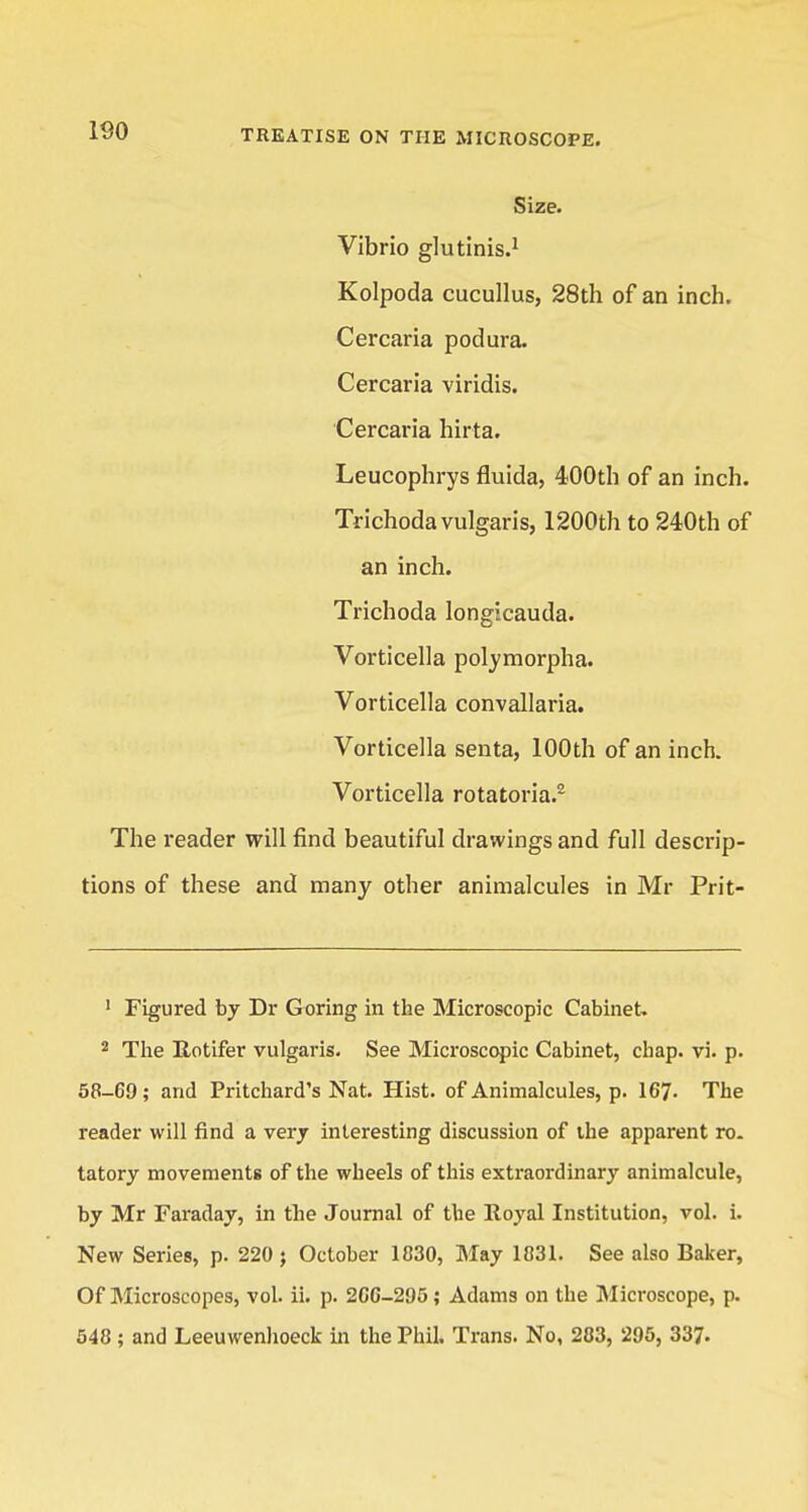 Size. Vibrio glutinis.1 Kolpoda cucullus, 28th of an inch. Cercaria podura. Cercaria viridis. Cercaria hirta. Leucophrys fluida, 400th of an inch. Trichoda vulgaris, 1200th to 240th of an inch. Trichoda longicauda. Vorticella polymorpha. Vorticella convallaria. Vorticella senta, 100th of an inch. Vorticella rotatoria.2 The reader will find beautiful drawings and full descrip- tions of these and many other animalcules in Mr Prit- 1 Figured by Dr Goring in the Microscopic Cabinet. 2 The Rotifer vulgaris. See Microscopic Cabinet, chap. vi. p. 58-69; and Pritchard's Nat. Hist, of Animalcules, p. 167. The reader will find a very interesting discussion of the apparent ro. tatory movements of the wheels of this extraordinary animalcule, by Mr Faraday, in the Journal of the Royal Institution, vol. i. New Series, p. 220 ; October 1830, May 1831. See also Baker, Of Microscopes, vol. ii. p. 266-295; Adams on the Microscope, p. 548; and Leeuwenhoeck in the Phil. Trans. No, 283, 295, 337-