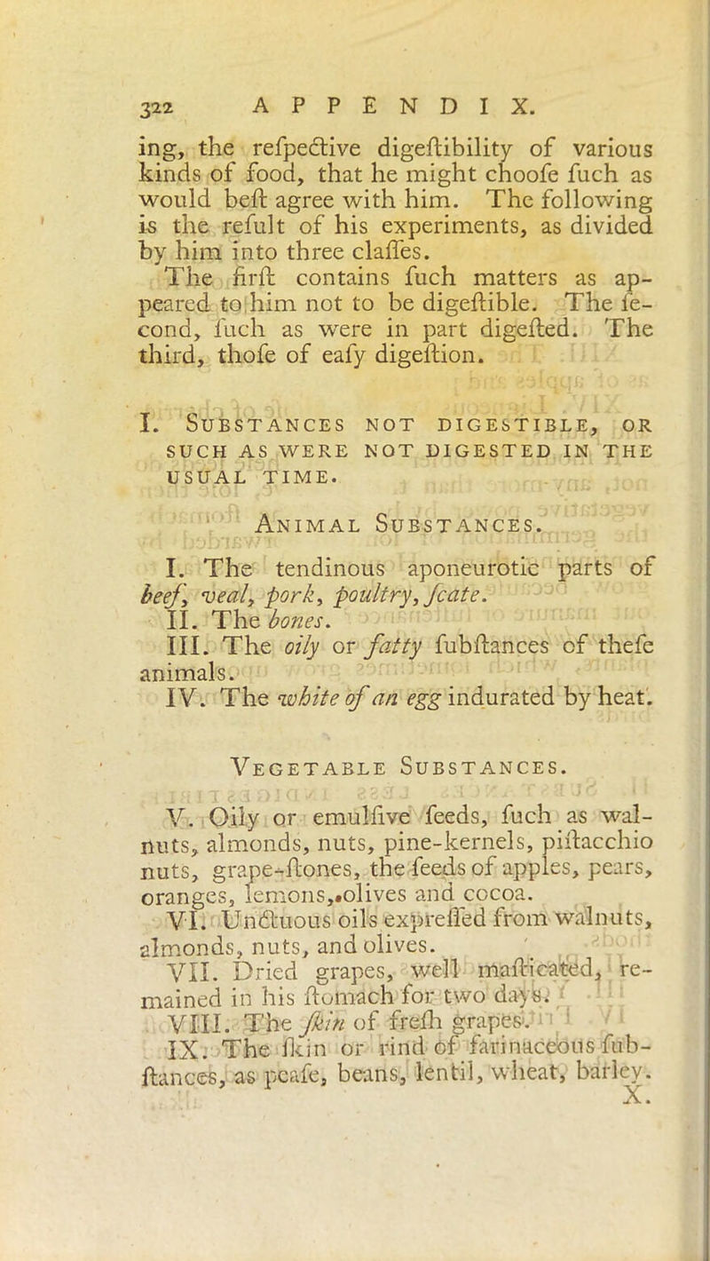 ing, the refpedtive digeftibility of various kinds of food, that he might choofe fuch as would beft agree with him. The following is the refill t of his experiments, as divided by him into three claffes. The hrft contains fuch matters as ap- peared to him not to be digeftible. The fe- cond, fuch as were in part digefled. The third, thofe of eafy digeftion. I. Substances not digestible, or such as were not digested in the USUAL TIME. Animal Substances. I. The tendinous aponeurotic parts of beefy veal, porky poultry, feate. II. The bones. III. The oily or fatty fubftances of thefe animals. IV. The white of an egg indurated by heat. Vegetable Substances. V. Oily or emulfive feeds, fuch as wal- nuts, almonds, nuts, pine-kernels, piilacchio nuts, grapes hones, the feeds of apples, pears, oranges, lemons,.olives ana cocoa. VI. Undtuous oils expreifed from walnuts, almonds, nuts, and olives. VII. Dried grapes, well mahicated, re- mained in his homach for two days. VIII. The Jkin of frefh grapes. IX. The fkin or rind of farinaceous fub- ftances, as peafe, beans, lentil, wheat, barley. X.