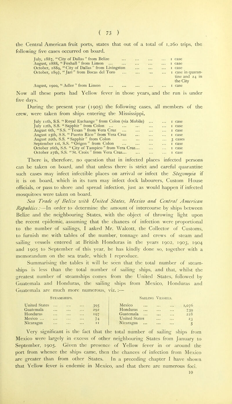 the Central American fruit ports, states that out of a total of 1,260 trips, the following five cases occurred on board, July, 1887,  City of Dallas  from Belize ... ... ... ... i case August, 1888,  Foxhall from Limon ... ... ... ... ... i case October, 1889,  City of Dallas  from Livingston ... ... ... i case October, 1897,  Jari  from Bocas del Toro ... ... ... ... i case in quaran- tine and 24 in the City August, 1900,  Adler from Limon ... ... ... ... ... i case Now all these ports had Yellow fever in those years, and the run is under five days. During the present year (1905) the following cases, all members of the crew, were taken from ships entering the Mississippi. July nth, S.S. Royal Exchange from Colon (via Mobile) ... ... i case July 12th, S.S.  Sapphir from Colon ... ... ... ... ... i case August 6th, S.S. Texan  from Vera Cruz ... ... ... ... i case August 15th, S.S. Puerto Rico from Vera Cruz ... ... ... i case August 20th, S.S. Sapphir from Colon ... ... ... ... 3 cases September ist, S.S. Origen from Colon ... ... ... ... i case October 26th, S.S.  City of Tampico  from Vera Cruz... ... ... i case October 27th, S.S. St. Croix from Vera Cruz... ... ... ... i case There is, therefore, no question that in infected places infected persons can be taken on board, and that unless there is strict and careful quarantine such cases may infect infectible places on arrival or infect the Stegomyia if it is on board, which in its turn may infect dock labourers. Custom House officials, or pass to shore and spread infection, just as would happen if infected mosquitoes were taken on board. Sea Trade of Belize with United States, Mexico and Central American Republics:—In order to determine the amount of intercourse by ships between Belize and the neighbouring States, with the object of throwing light upon the recent epidemic, assuming that the chances of infection were proportional to the number of sailings, I asked Mr. Walcott, the Collector of Customs, to furnish me with tables of the number, tonnage and crews of steam and sailing vessels entered at British Honduras in the years 1902, 1903, 1904 and 1905 to September of this year, he has kindly done so, together with a memorandum on the sea trade, which I reproduce. Summarising the tables it will be seen that the total number of steam- ships is less than the total number of sailing ships, and that, whilst the greatest number of steamships comes from the United States, followed by Guatemala and Honduras, the sailing ships from Mexico, Honduras and Guatemala are much more numerous, viz. :— Steamships. Sailing Vessels. United States ... 395 Mexico 1,076 Guatemala 292 Honduras 739 Honduras 197 Guatemala 228 Mexico ... 74 United States 23 Nicaragua 11 Nicaragua 5 Very significant is the fact that the total number of sailing ships from Mexico were largely in excess of other neighbouring States from January to September, 1905. Given the presence of Yellow fever in or around the port from whence the ships came, then the chances of infection from Mexico are greater than from other States. In a preceding chapter I have shown, that Yellow fever is endemic in Mexico, and that there are numerous foci. 10